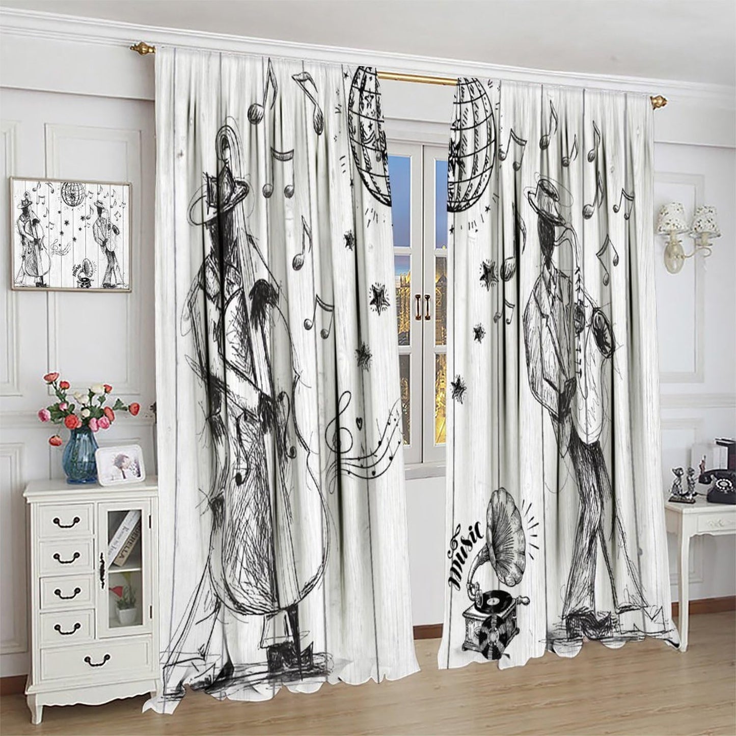 PHTAYOT Retro Music Curtains Sketch Style of a Jazz Band Playing Music with Instruments and Musical Notes Pattern Decor Drapes for Bedroom Living Room,2 Panels Set,21x45Inch