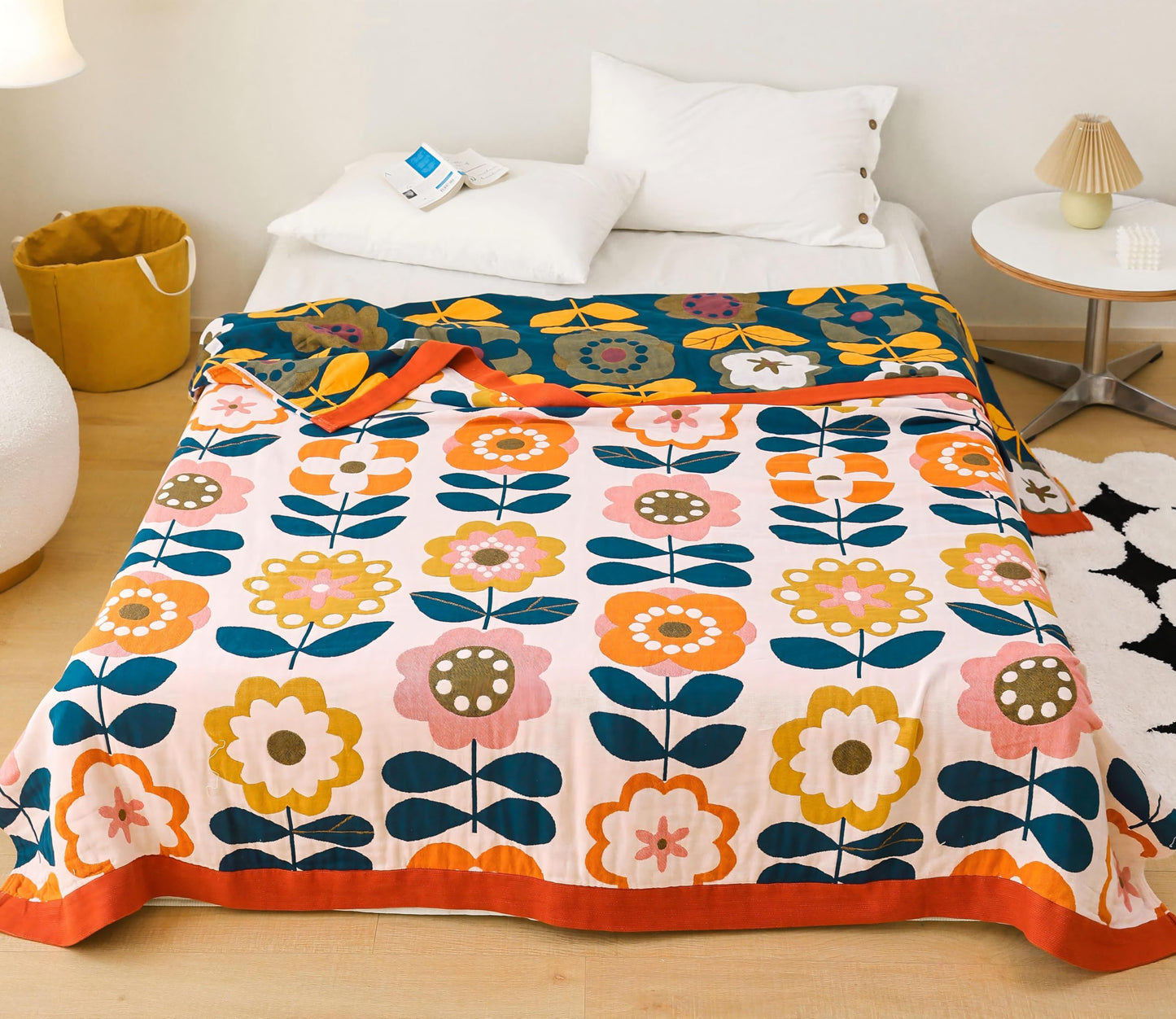 Scientific Sleep Retro Floral Modern Boho Flower Lively Bright Blanket Throw 100% Cotton Muslin for Kids Girls Bed Couch Sofa Cozy Soft Reversible Quilt Bedspread Coverlet Full Queen 80 in x 90 in