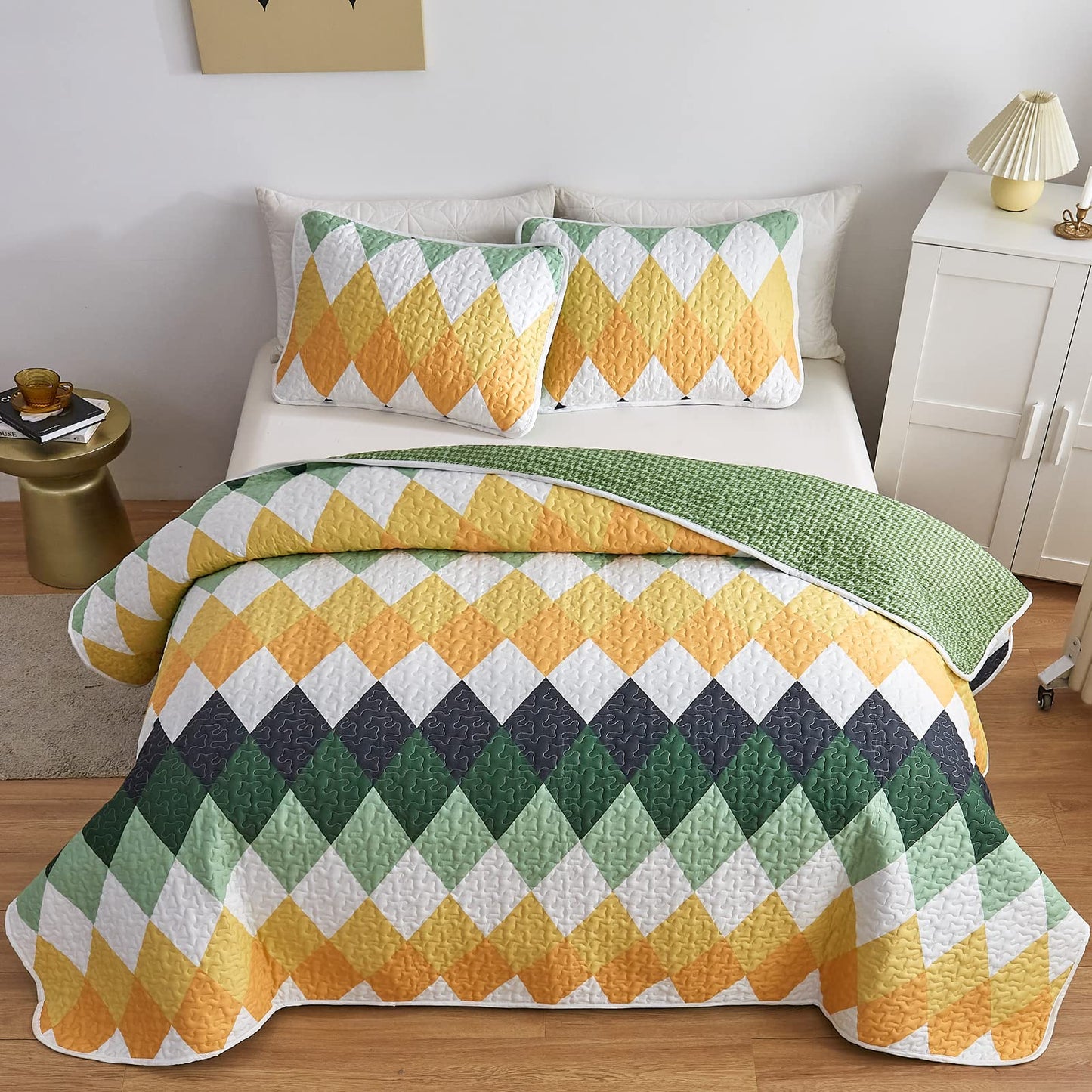 Yellow Green Rhomb Plaid Quilt Set 3pc Queen Size Reversible Coverlet Bedspread Set Soft Microfiber Lightweight Summer Quilt Bedding Set Bed Cover for All Season 88x88