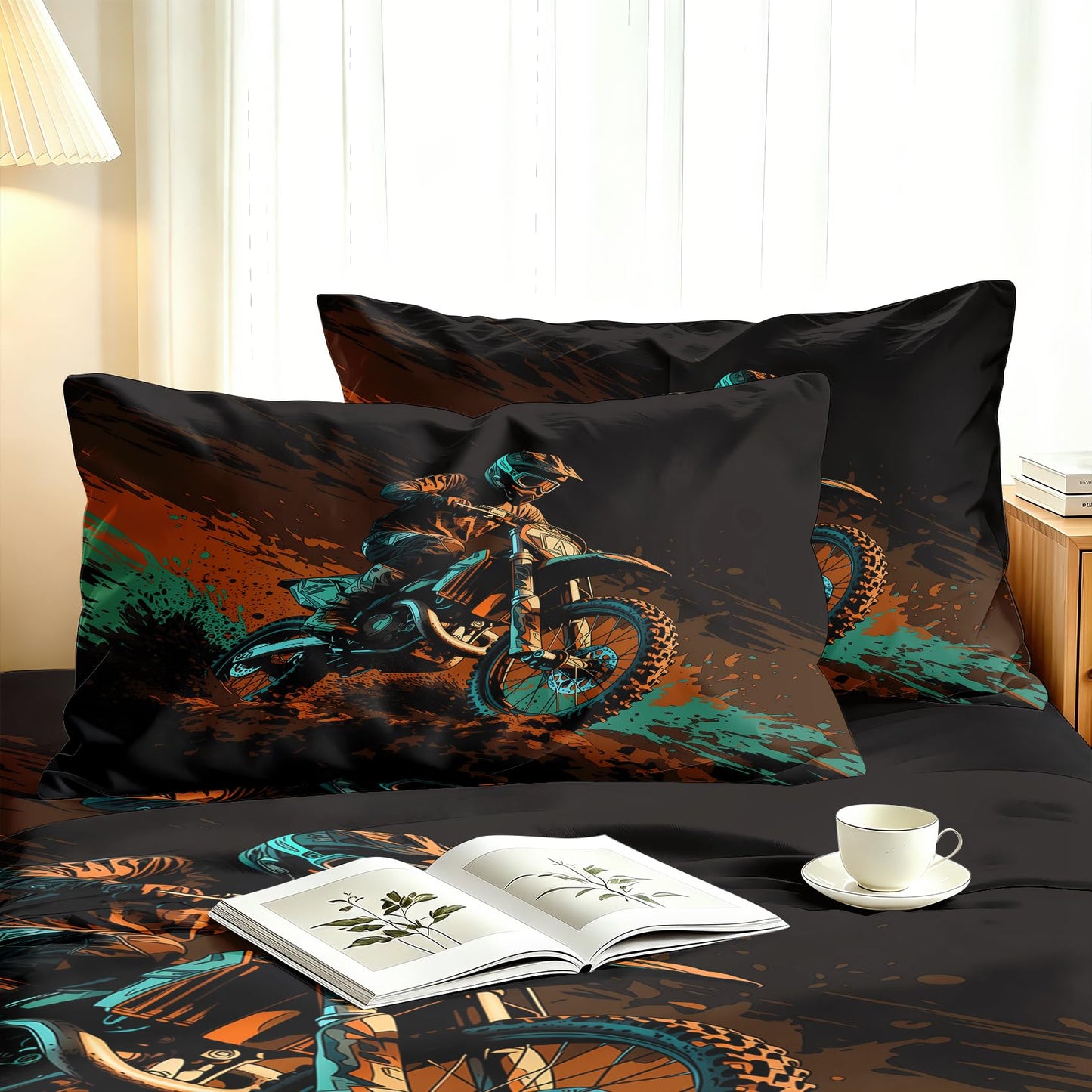 Dirt Bike Queen Sheet Set 4 Pcs Motocross Bed Sheets, Orange