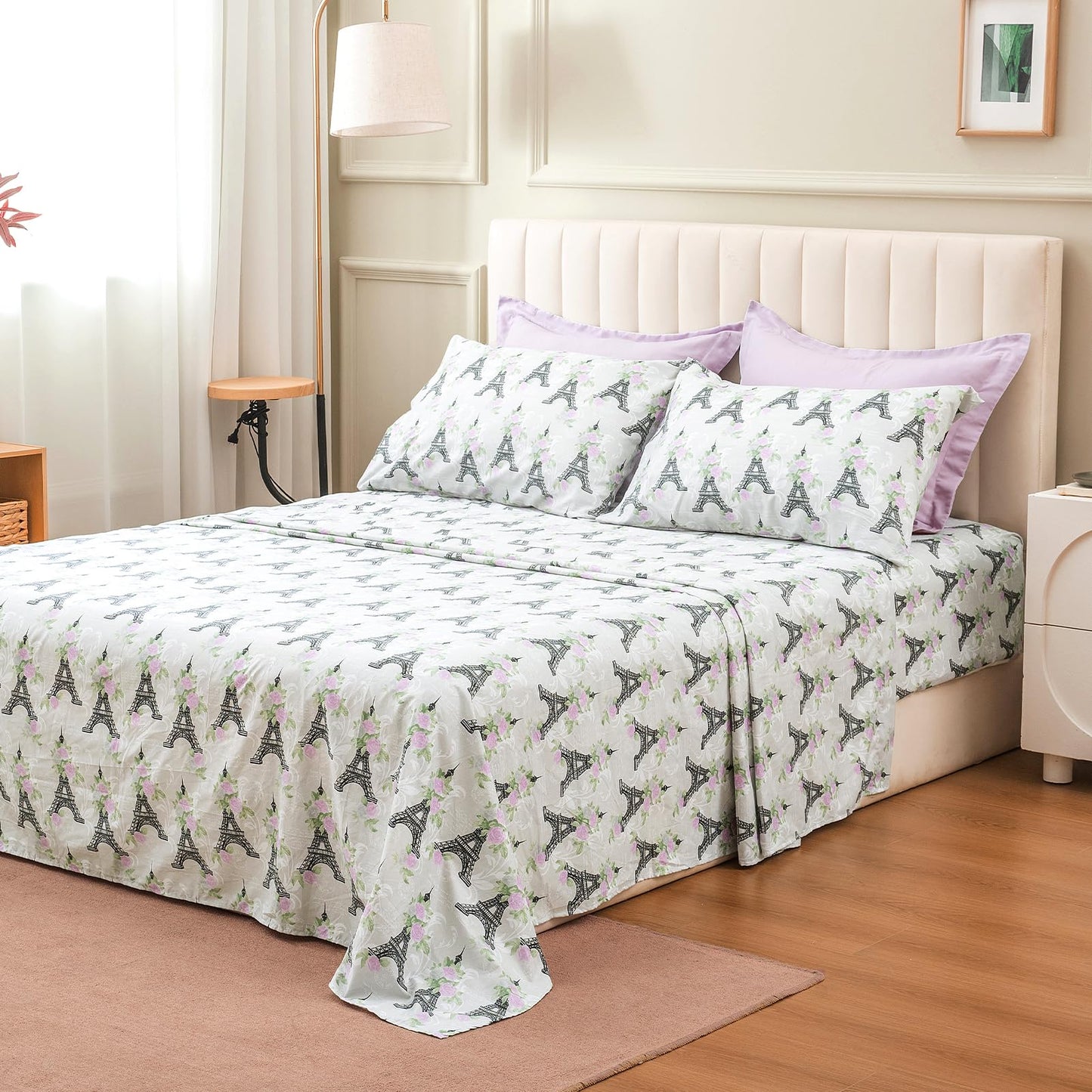 ARTALL Twin Bed in a Bag 5 Pieces, Light Purple Solid Comforter with Eiffel Tower Floral Sheet Set, French Chic Style Soft Bedding Sets with Comforter, Sheets, Pillowcase & Sham for All Seasons
