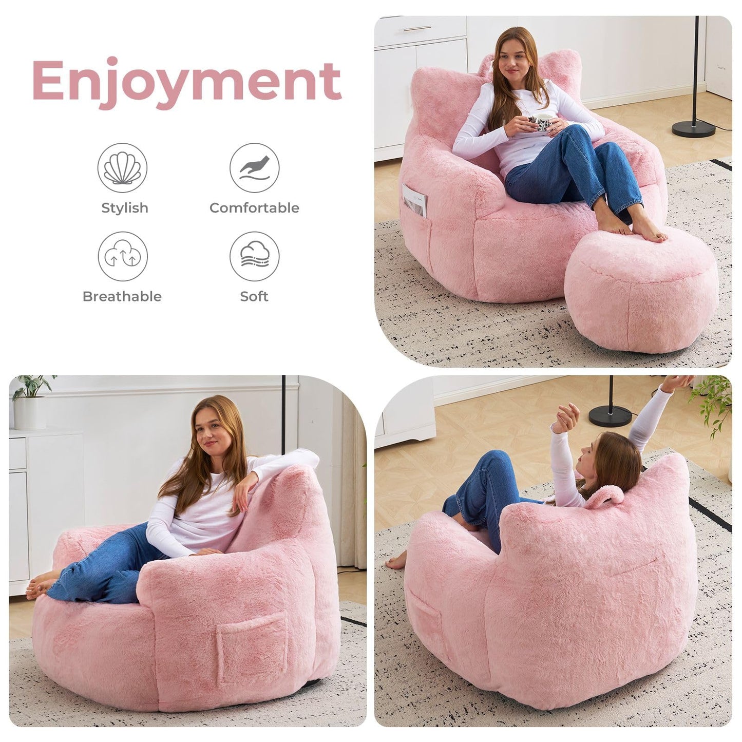 Giant Bean Bag Chair for Adults with Ottoman, Oversized Bean Bag with Filling Plush Fluffy,BeanBag Lazy Sofa Couch with Armrest for Living Room, Stuffed Floor Sofa with Sidepocket for Bedroom, Pink