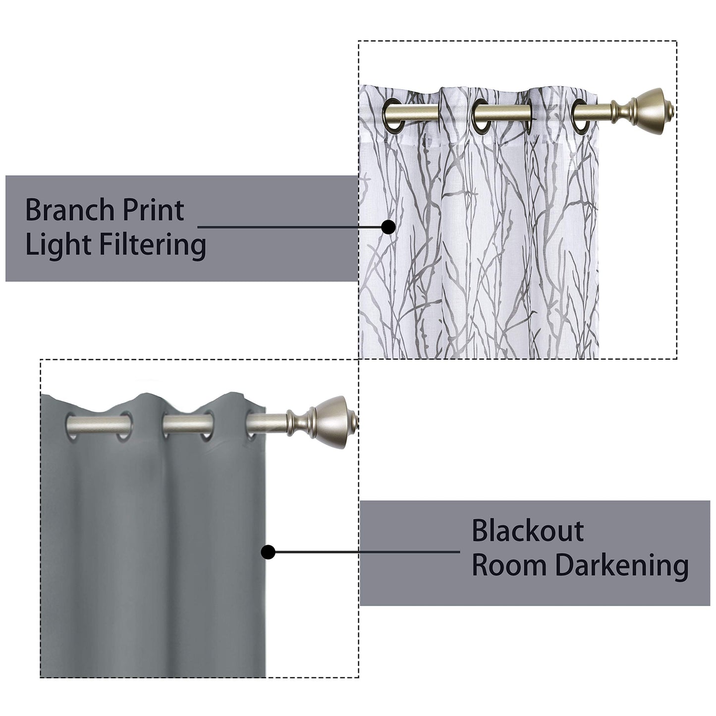 BONZER Mix and Match Curtains - 2 Pieces Branch Print Sheer Curtains and 2 Pieces Blackout Curtains for Bedroom Living Room Grommet Window Drapes, 37x84 Inch/Panel, Light Grey, Set of 4 Panels