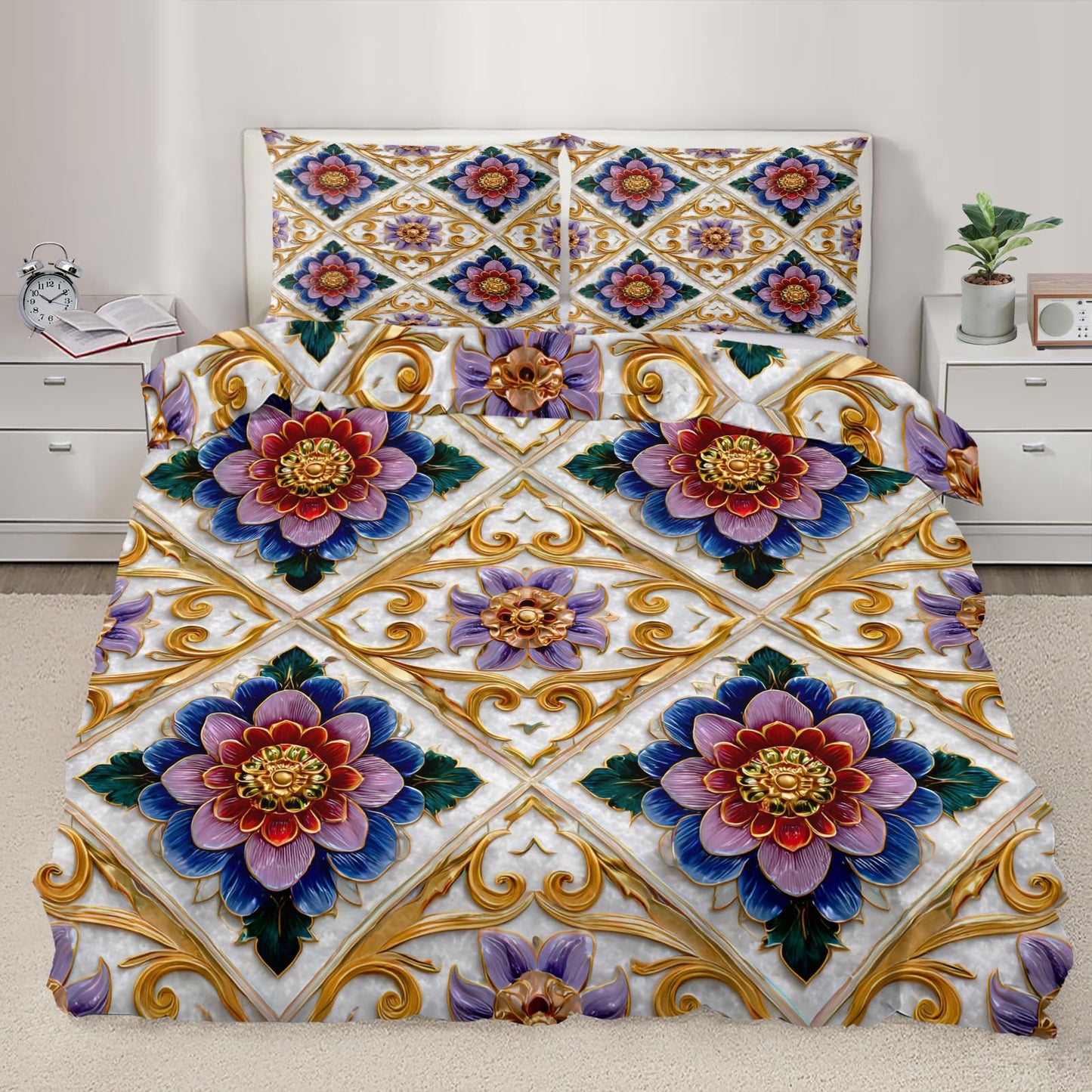 ZAMODE Floral Duvet Cover 120" x 98", Vintage Exotic Flower Bedding Set, Luxury Flowers Comforter Cover with Zipper Ties