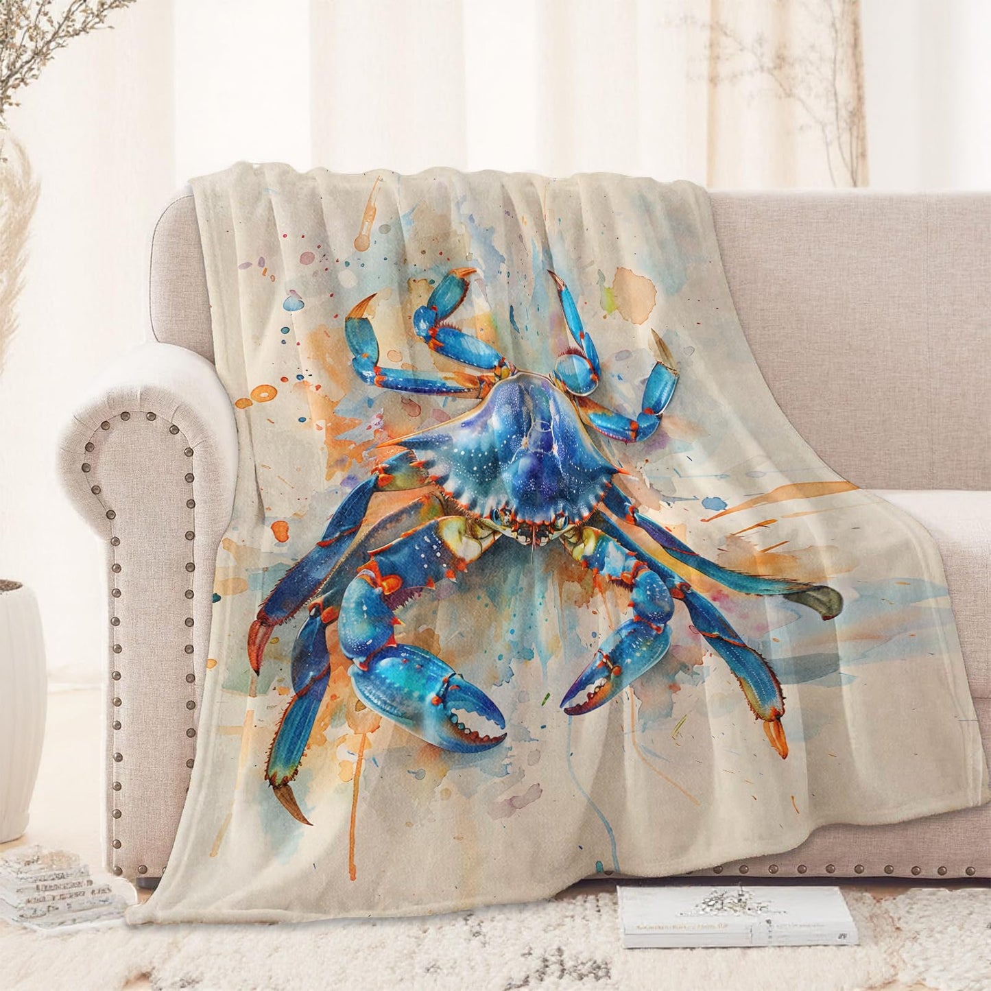 Coastal Blue Crab Blanket 50x60 in, Flannel Throw Blankets for Travel Camping Sofa Living Room Decor, Lightweight Cozy Soft Fuzzy Gifts for Women Adults Kids