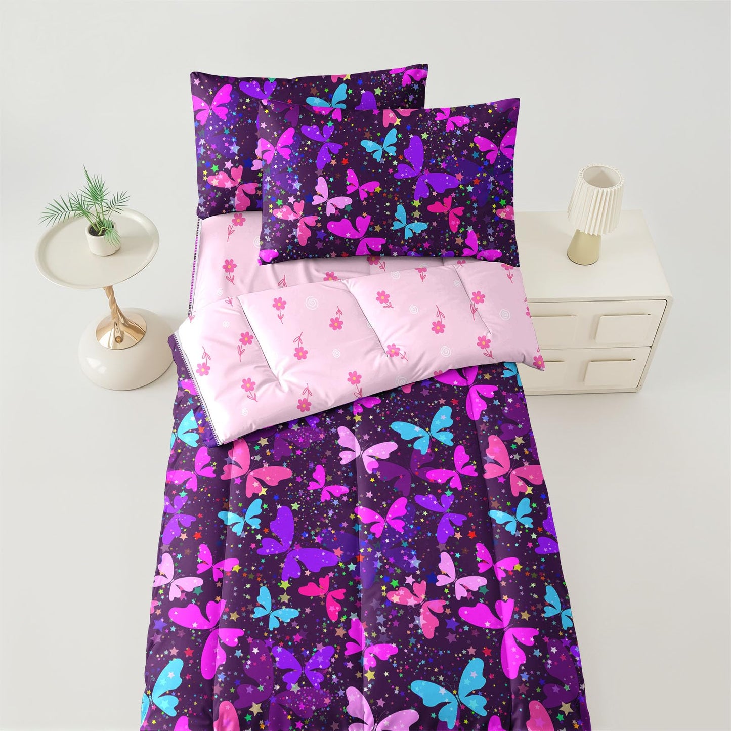 Dearller Twin Girls Zipper Bedding Purple Butterfly Comforter Girls Twin Bedding All in one Zipper Kids Butterfly Comforter