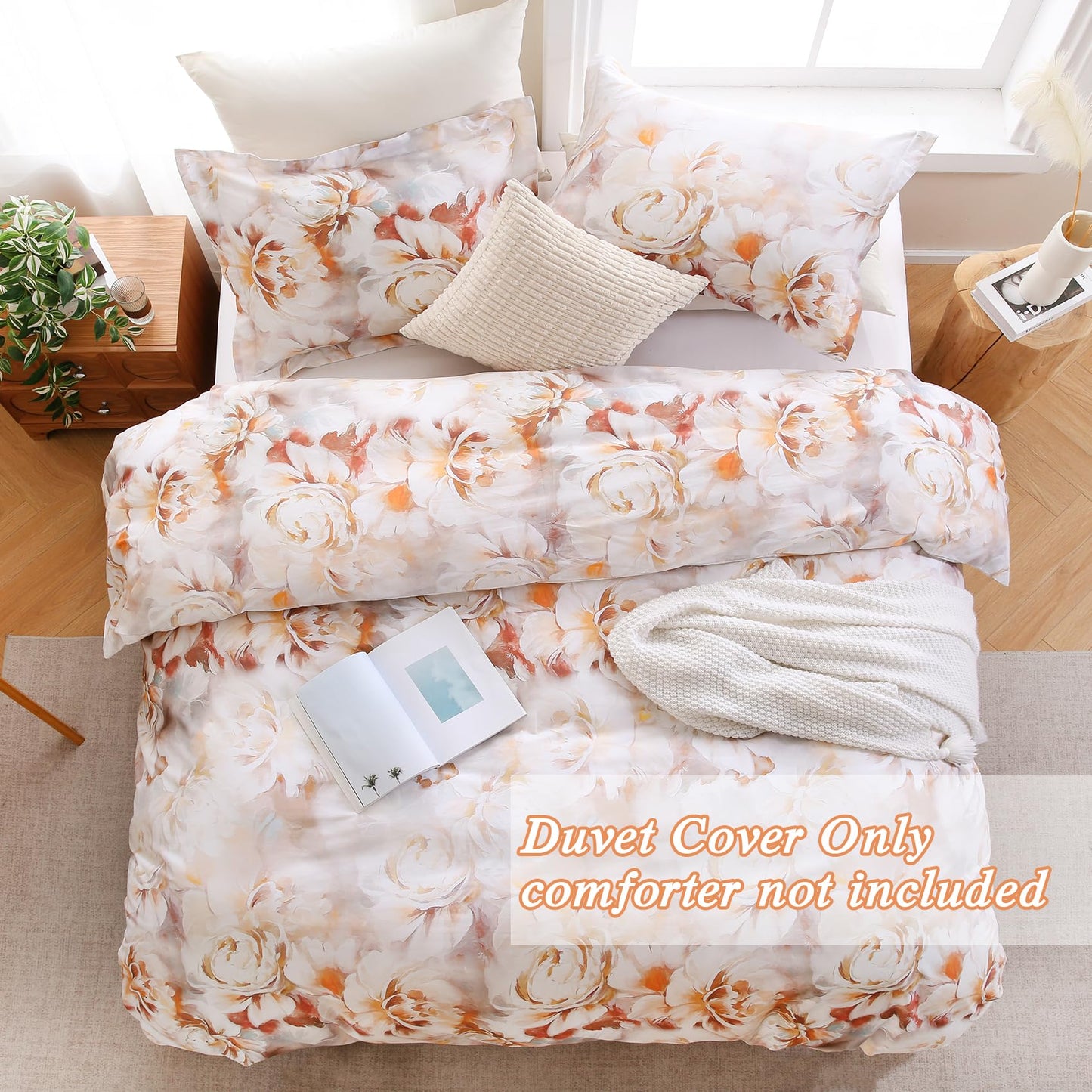 Ocharo 100% Cotton Duvet Cover King Size, Floral Reversible Duvet Cover Set with Zipper Closure, Soft 3 Pieces Bedding Set with 2 Pillow Shams(20"x36")