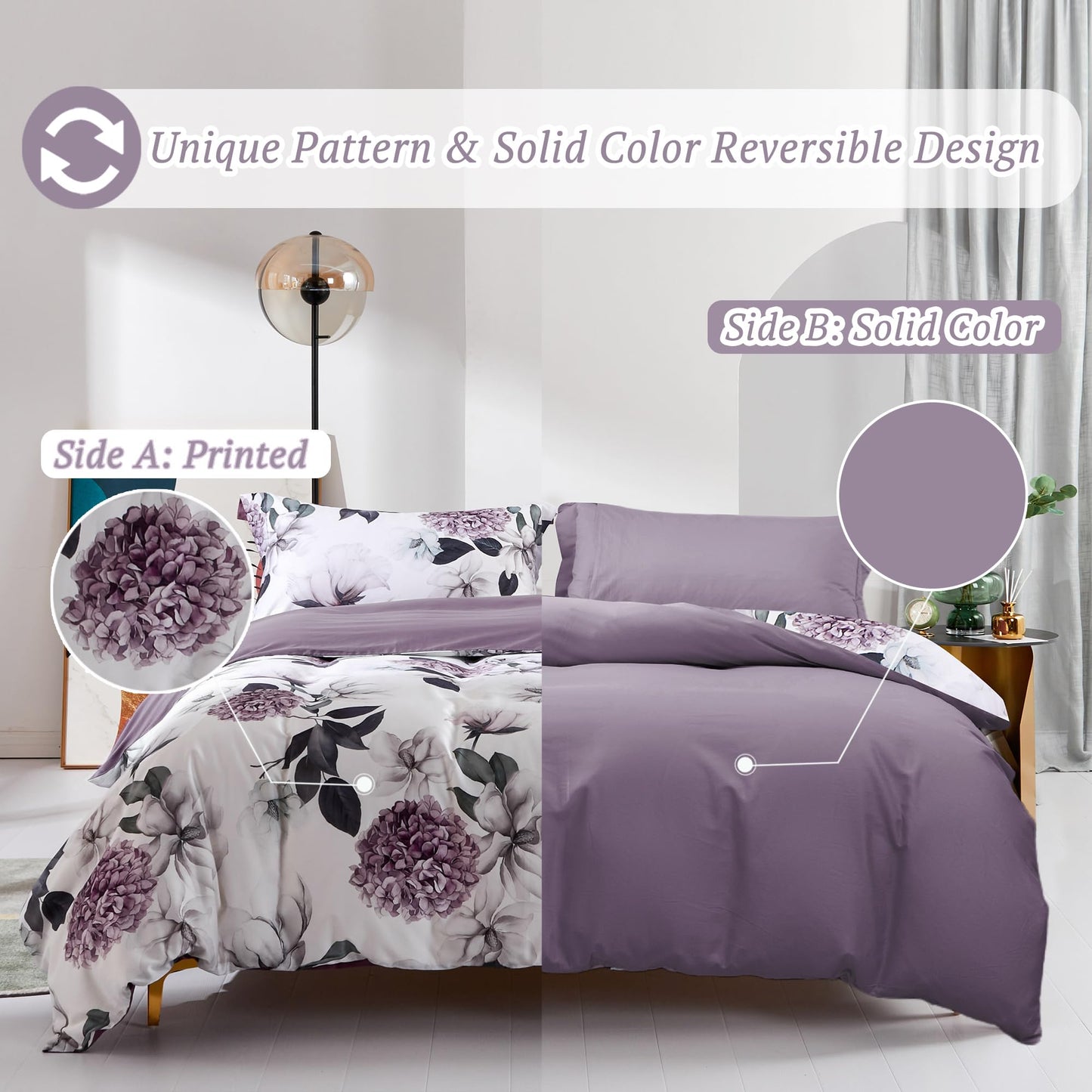 MILDLY 100% Long-Staple Cotton Duvet Cover Set Hydrangea Lotus Flower Pattern Printed Comforter Cover 3pcs, Ultra Soft & Breathable Bedding Set