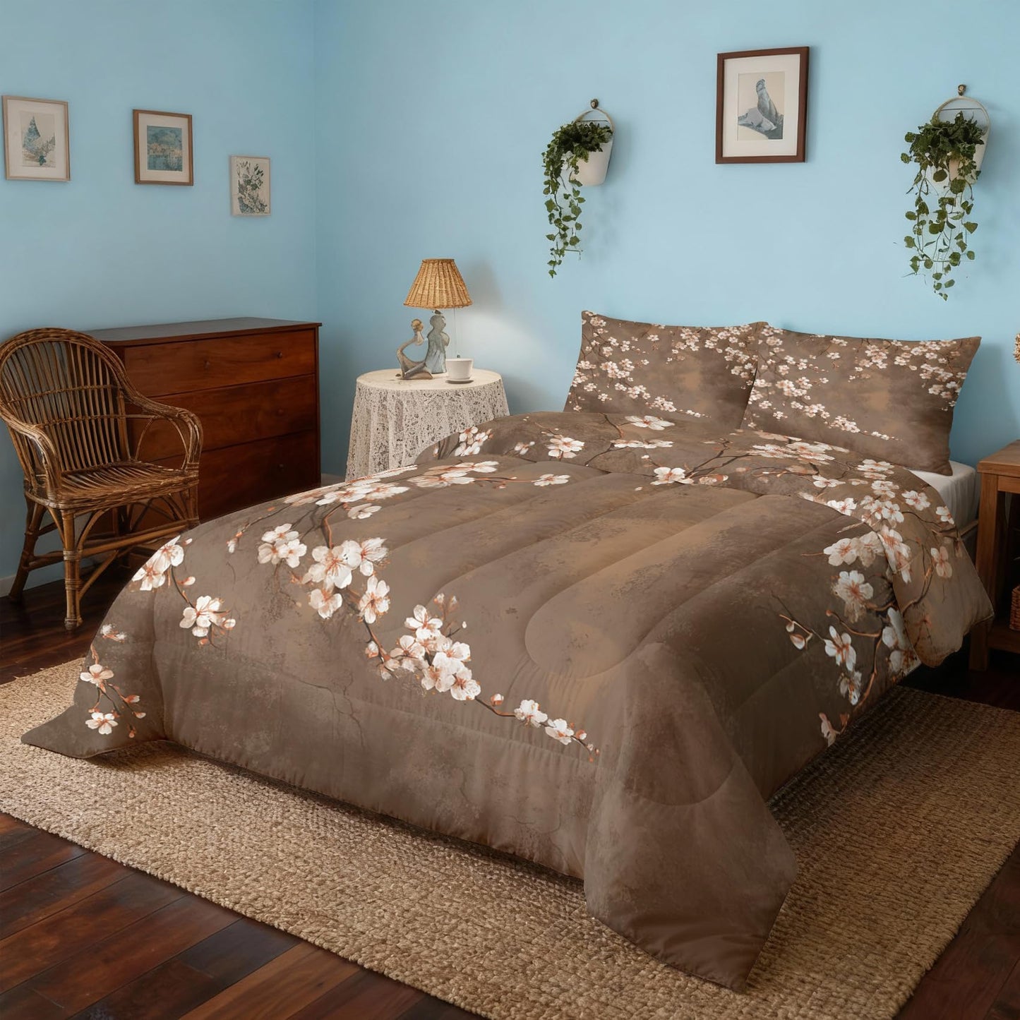 TANCAPRIUM Japanese Cherry Blossom Comforter Set Twin - Floral Bedding Set & 2 Pilow Cases for All Season - Soft Reversible Down Alternative 3 Piece. Flower Bedrom Decor