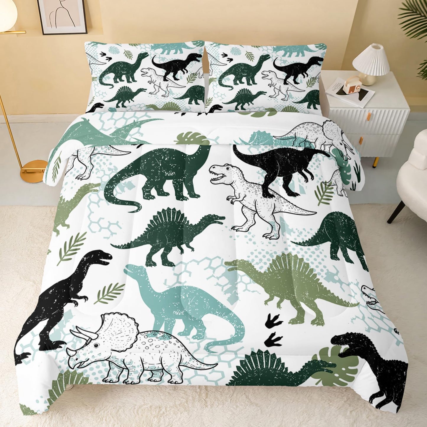 QOOMO 3Pcs Dinosaur Comforter Set Twin,Cartoon Dinosaur Bedding Set for Teens Boys Girls,Dinosaurs Printed Comforter with 2 Pillowcases,Down Alternative,Soft and Lightweight