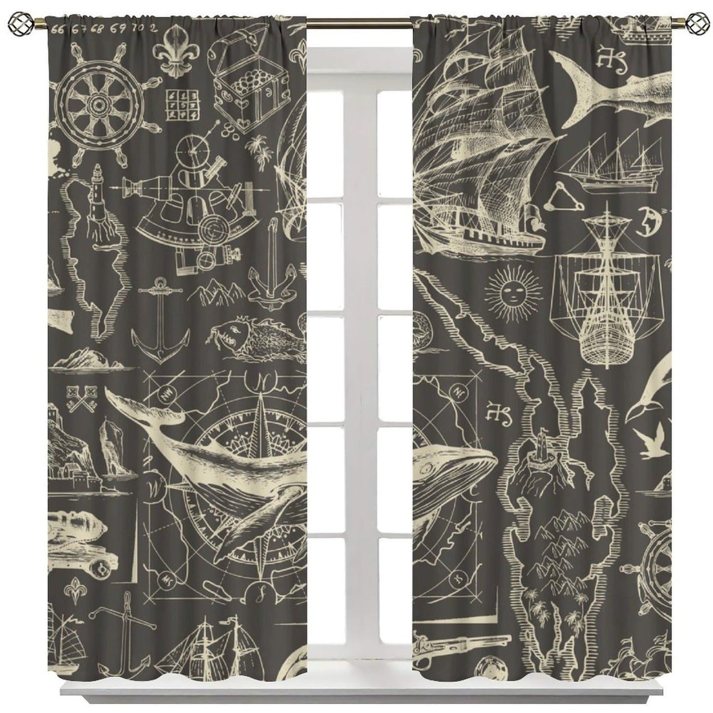 Retro Nautical Coastal Curtains Vintage Ocean Adventure Map Sail Whale Anchor Abstract Rod Pocket Window Treatments For Kids Boys Bedroom Living Room 2 Panels Set 41× 45 in (No Blackout)