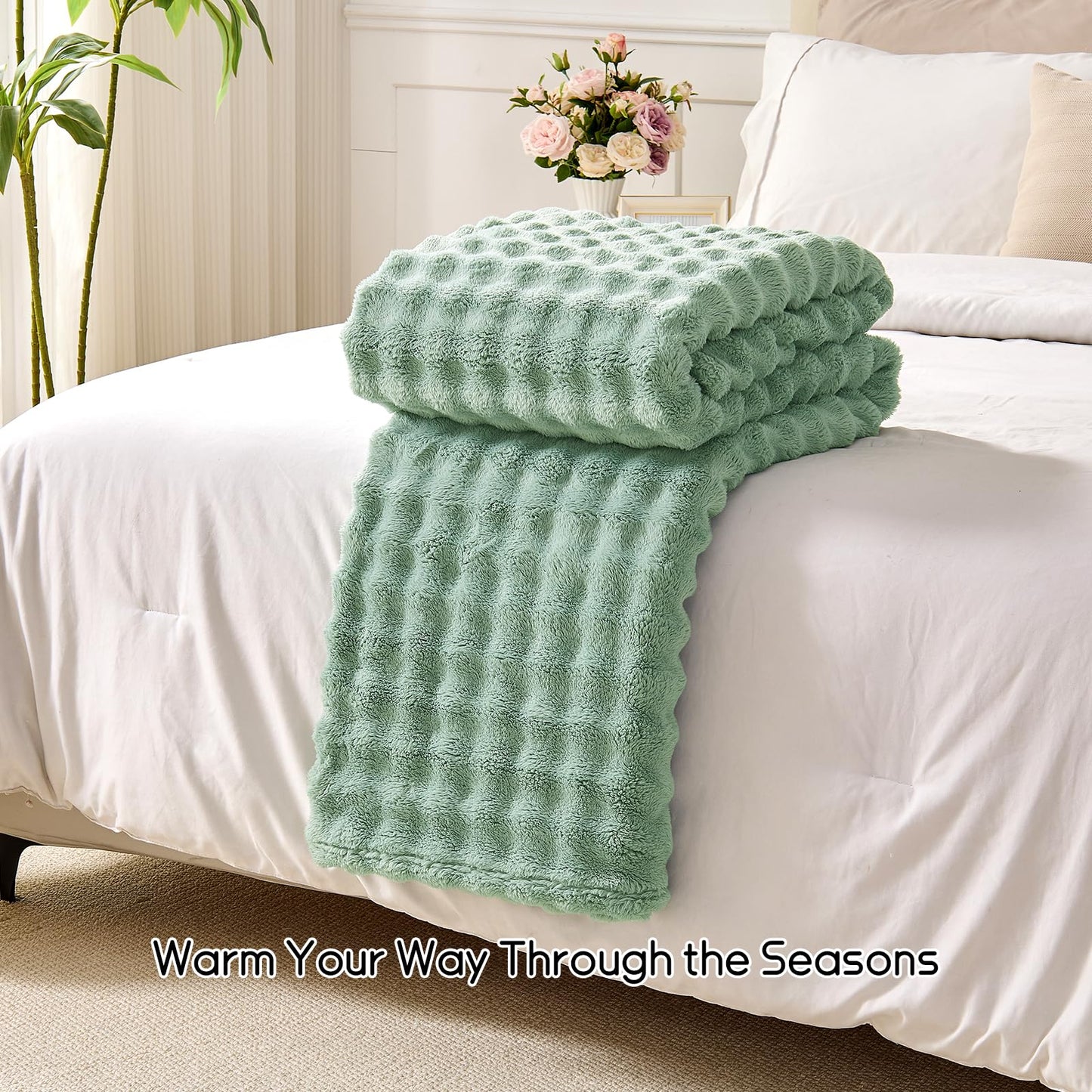 Lotus Karen 3D Bubble Fleece Blanket - Ultra Soft Fluffy Sage Green Throw Blanket for Couch, Lightweight Cozy Throw for All Season, Adults Women Kids(Sage Green, 50"x60")