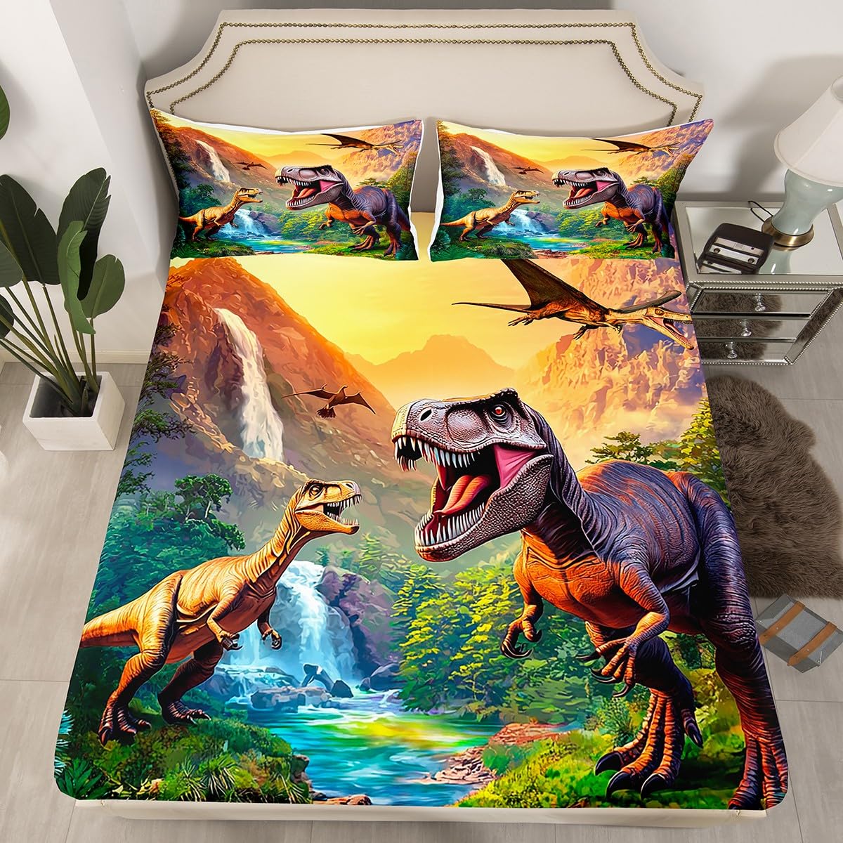Erosebridal Kids Cartoon Dinosaur Bed Sheets King Boys Jungle Dino Sheet Set, 3D Ancient Animals Fitted Sheet, Child Flat Sheet, Dinosaur Room Decor, 2 Pillow Cases