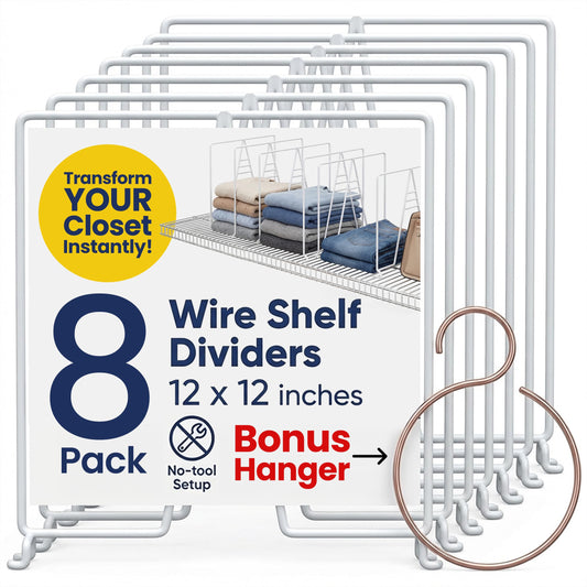 Neatly Made White Wire Shelf Dividers for Closet Organization – 8-Pack – Sturdy and Easy Set-Up Closet Shelf Dividers with Bonus Rose Gold Hanger – 12 inches x 12 inches