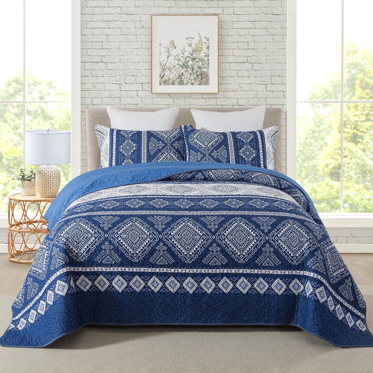 Travan 3-Piece Quilt Set Quilted Bedspread Garden Style Floral Printed Oversized Microfiber Lightweight Coverlet Set with Shams, Exquisite, King Size