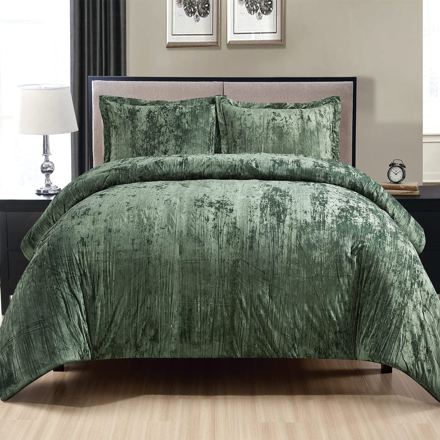 Fredsure Crinkle Velvet Comforter Set (Blackish Green, King)