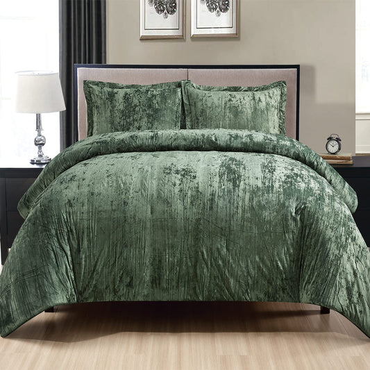 Fredsure Crinkle Velvet Comforter Set (Blackish Green, King)