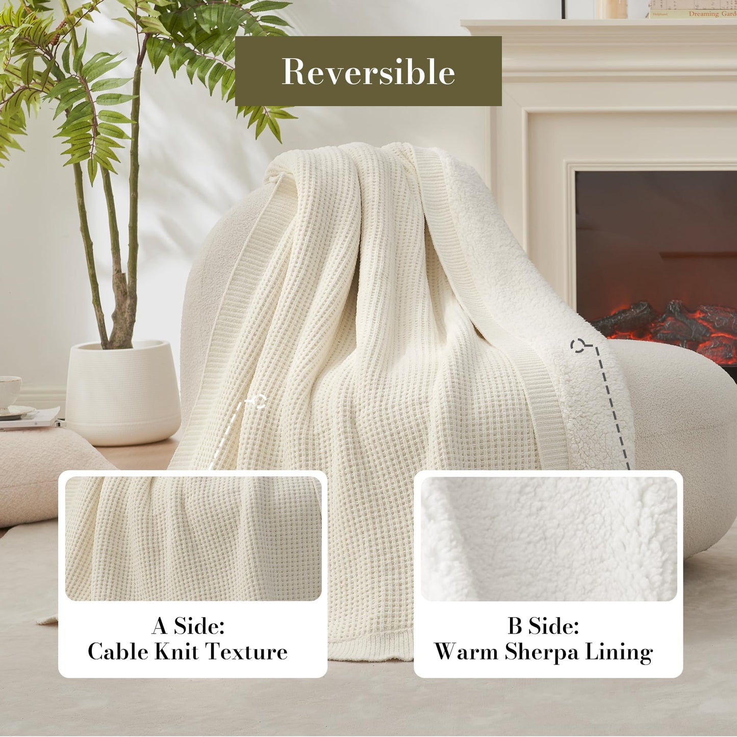 Amélie Home Reversible Waffle Weave Throw Blanket, Chenille Knit with Warm Sherpa, Soft Cozy Blanket for Couch, 50"x60", Ivory