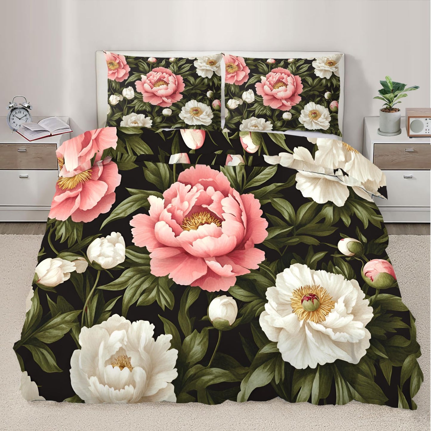 PAISUOQ Peony Bedding Sets Full Pastel Flowers Comforter Cover with Zipper Ties, European Retro Duvet Cover with 2 Pillowcases, 3 Pieces，Bedroom Decor & Gifts