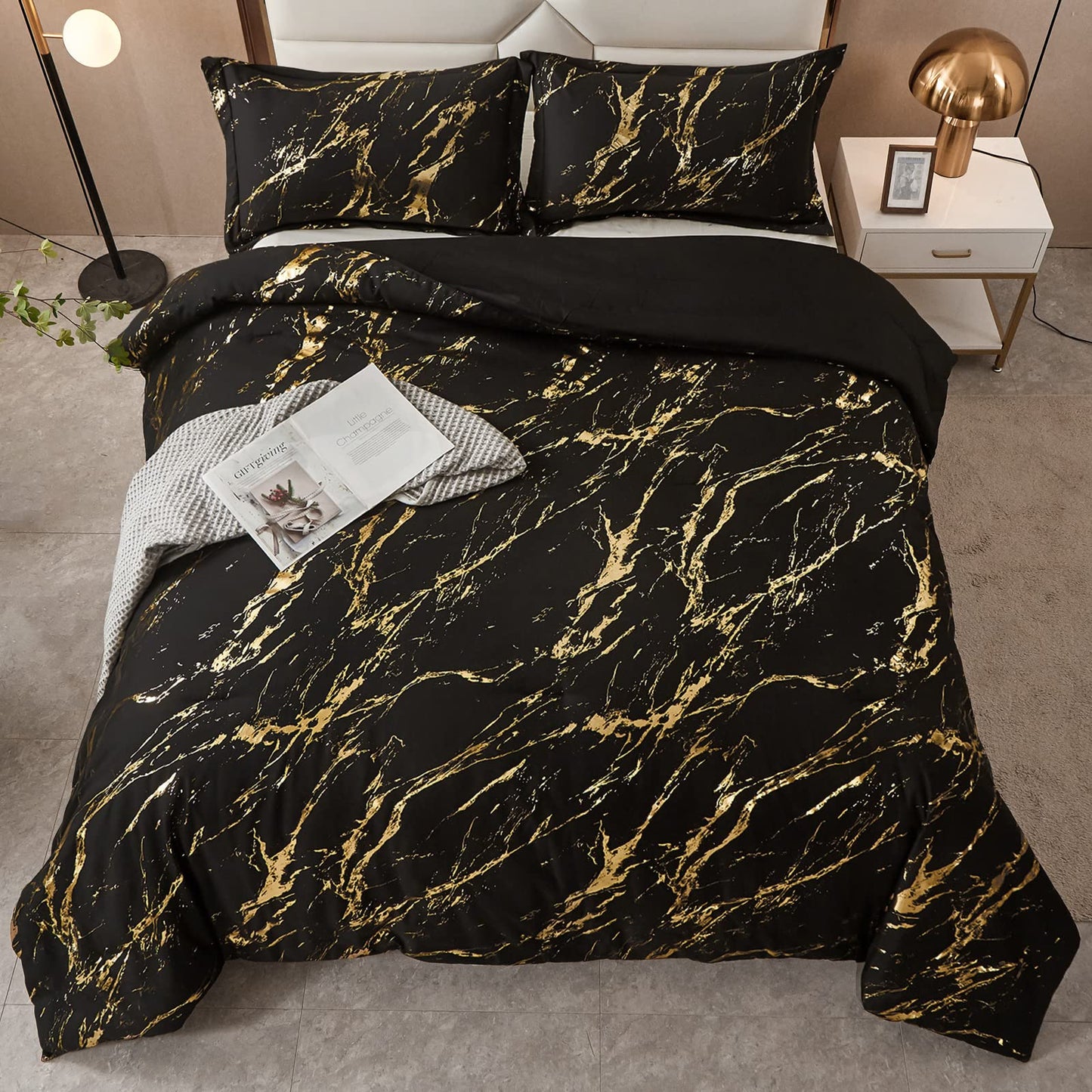 WONGS BEDDING Black Gold Metallic Marble Comforter Set Queen Foil Print Glitter Bedding Sets with 2 Pillowcases for All Seasons, Soft Microfiber Filling Bedding Duvet Set 90"x90"