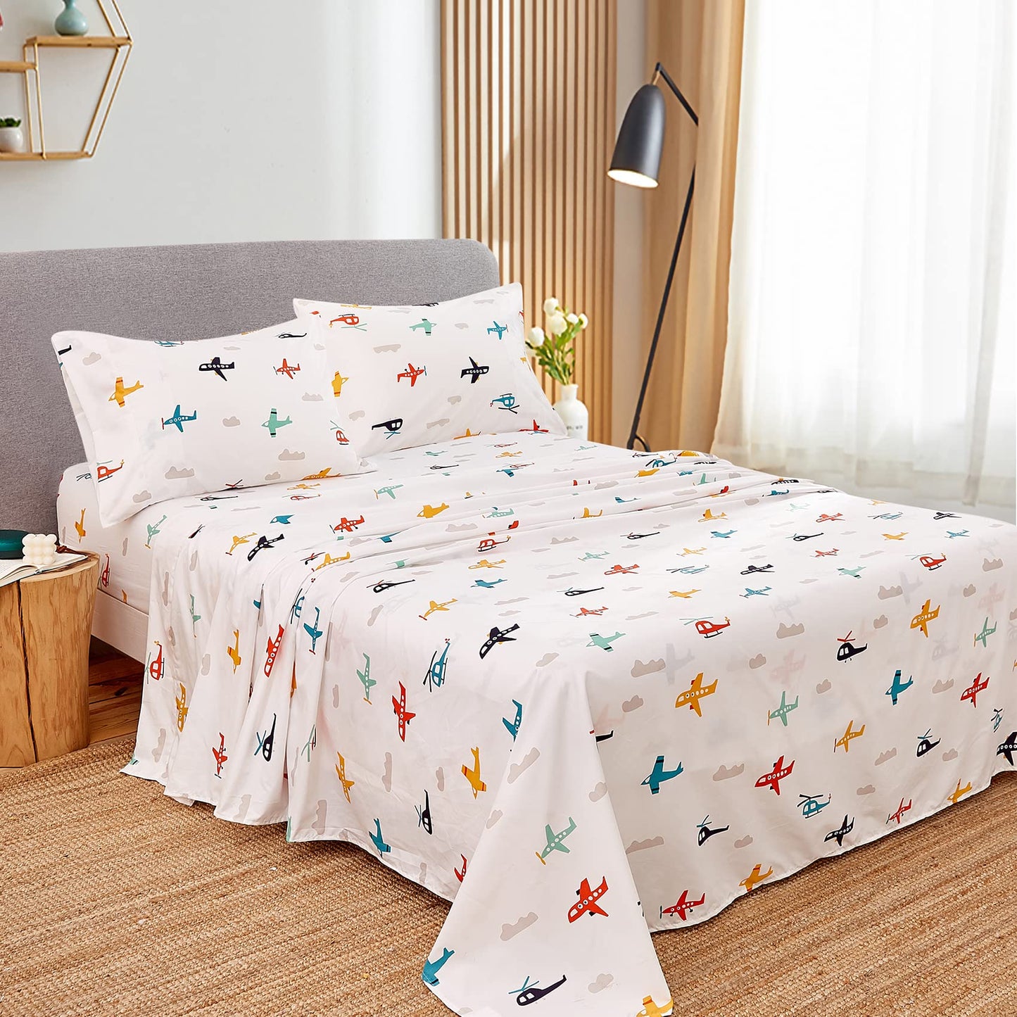 JSD Airplane Kids Sheet Set Twin Size, 3 Piece Soft Printed Microfiber Bed Sheets Deep Pocket