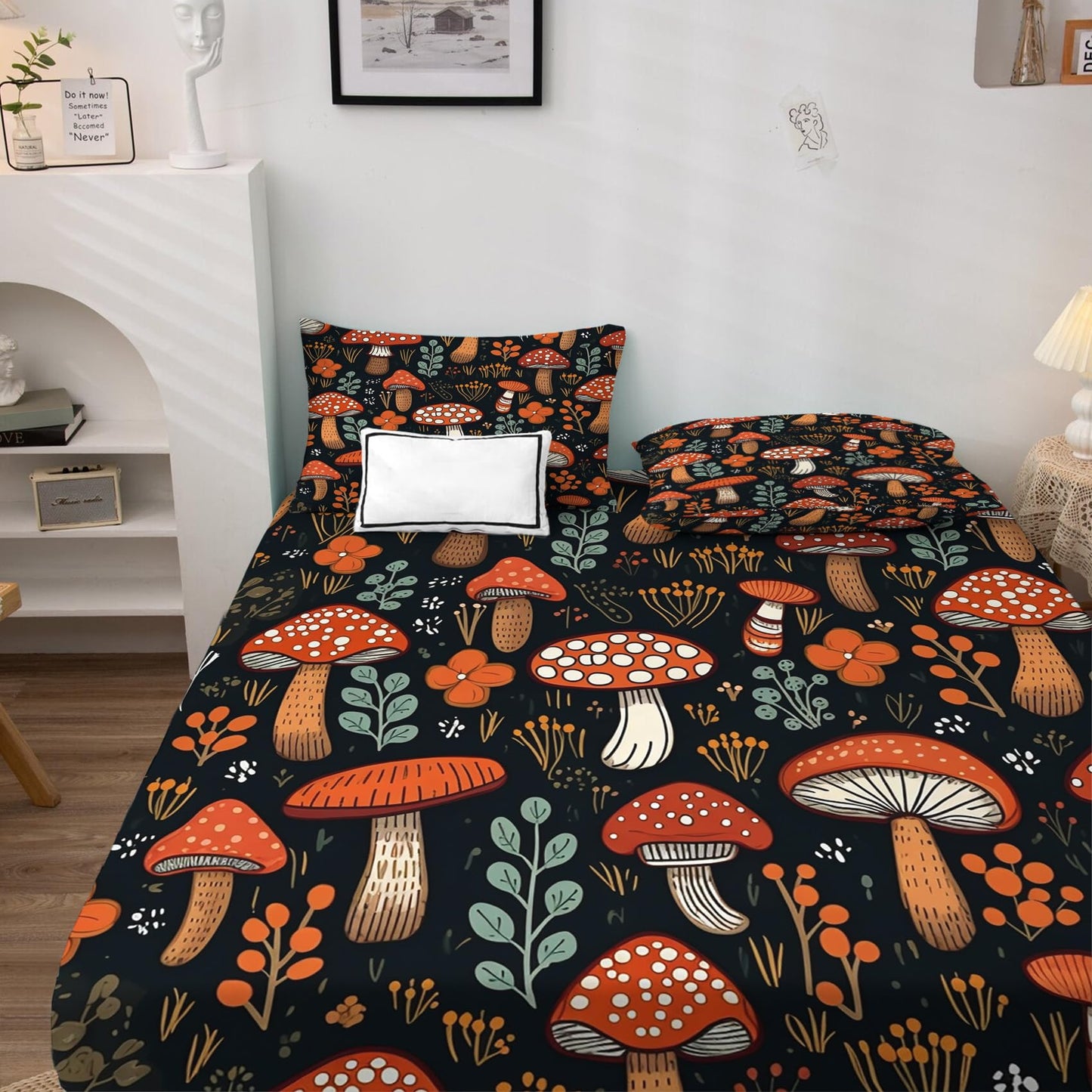 zcsm Mushroom Sheets King Size - Botanical Bed Sheets, Soft Microfiber & Deep Pocket & Wrinkle Free Patterned Bedding Sheets & Pillowcases, 4 Piece (1 Fitted Sheet, 1 Flat Sheet, 2 Pillow Cases)