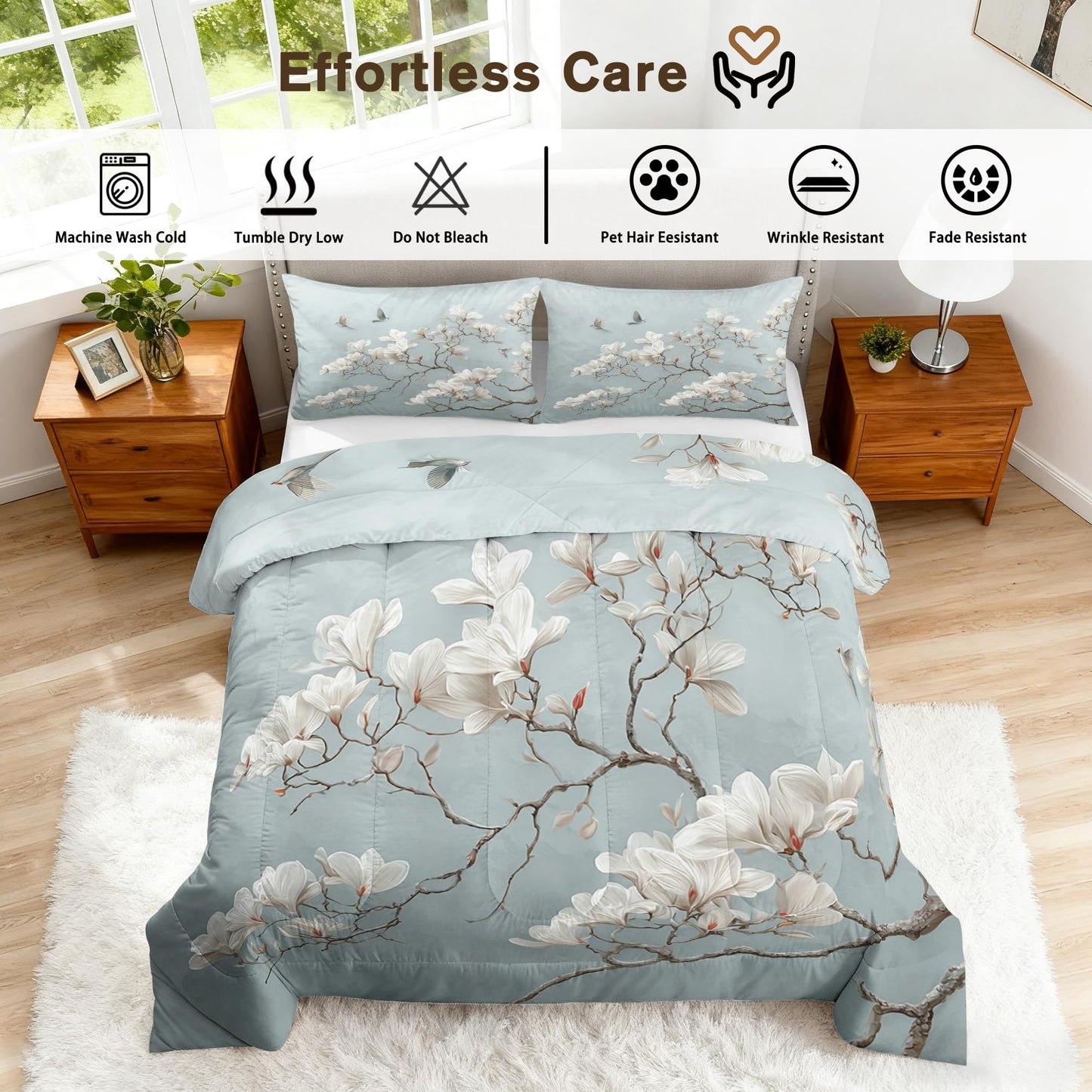 TANCAPRIUM Magnolia Comforter Set Twin - Japanese White Flower Bedding Set & 2 Pilow Cases for All Season - Soft Reversible Down Alternative 3 Piece. Floral Bedrom Decor