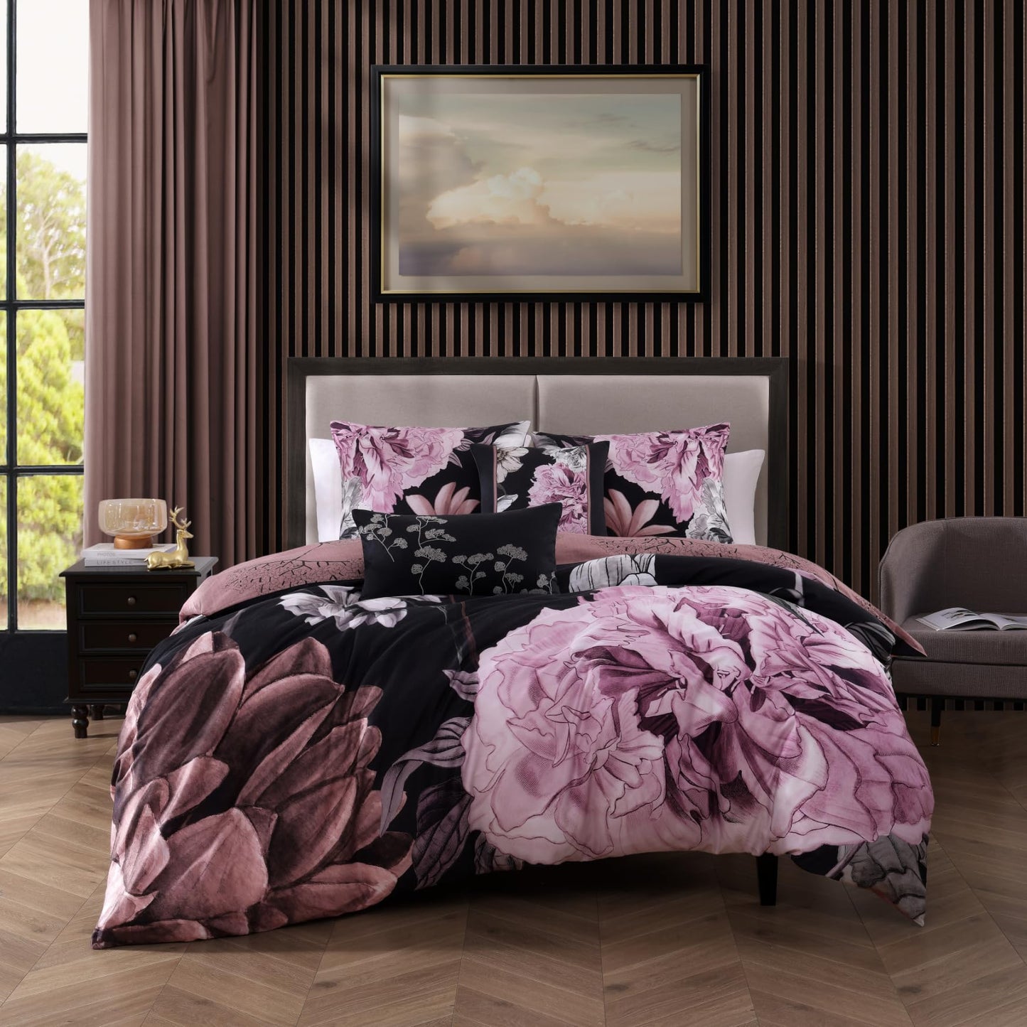 Bebejan Midnight Meadow 5 Piece Comforter Set, 100% Cotton Sateen, 220 Thread Count, Black Reversible Bedding Comforter Set, 1 Comforter, 2 Shams & 2 Pillows (King/Cal King)