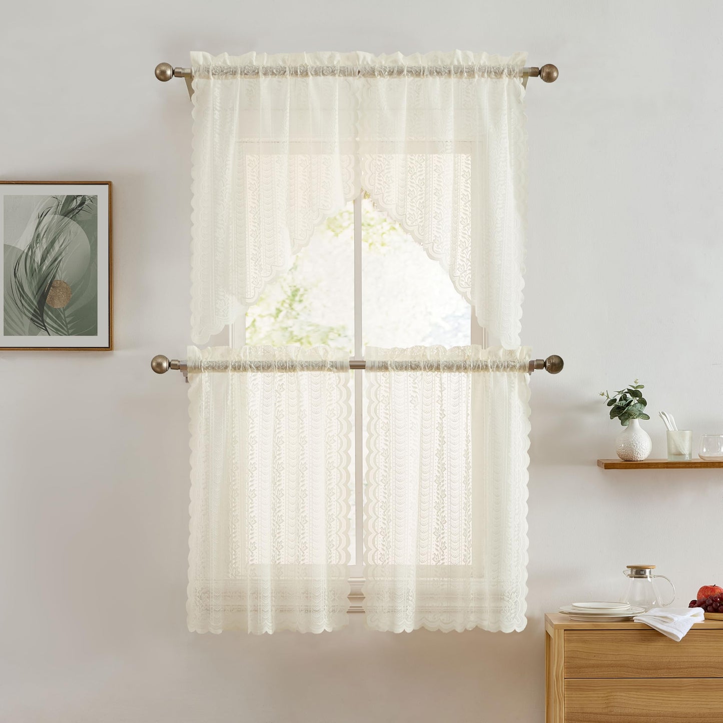 HLC.ME Sophia Floral Rod Pocket Lace Short Cafe Swags for Small Windows - 28 x 36 Inch Length (Ivory Swags, Set of 2)