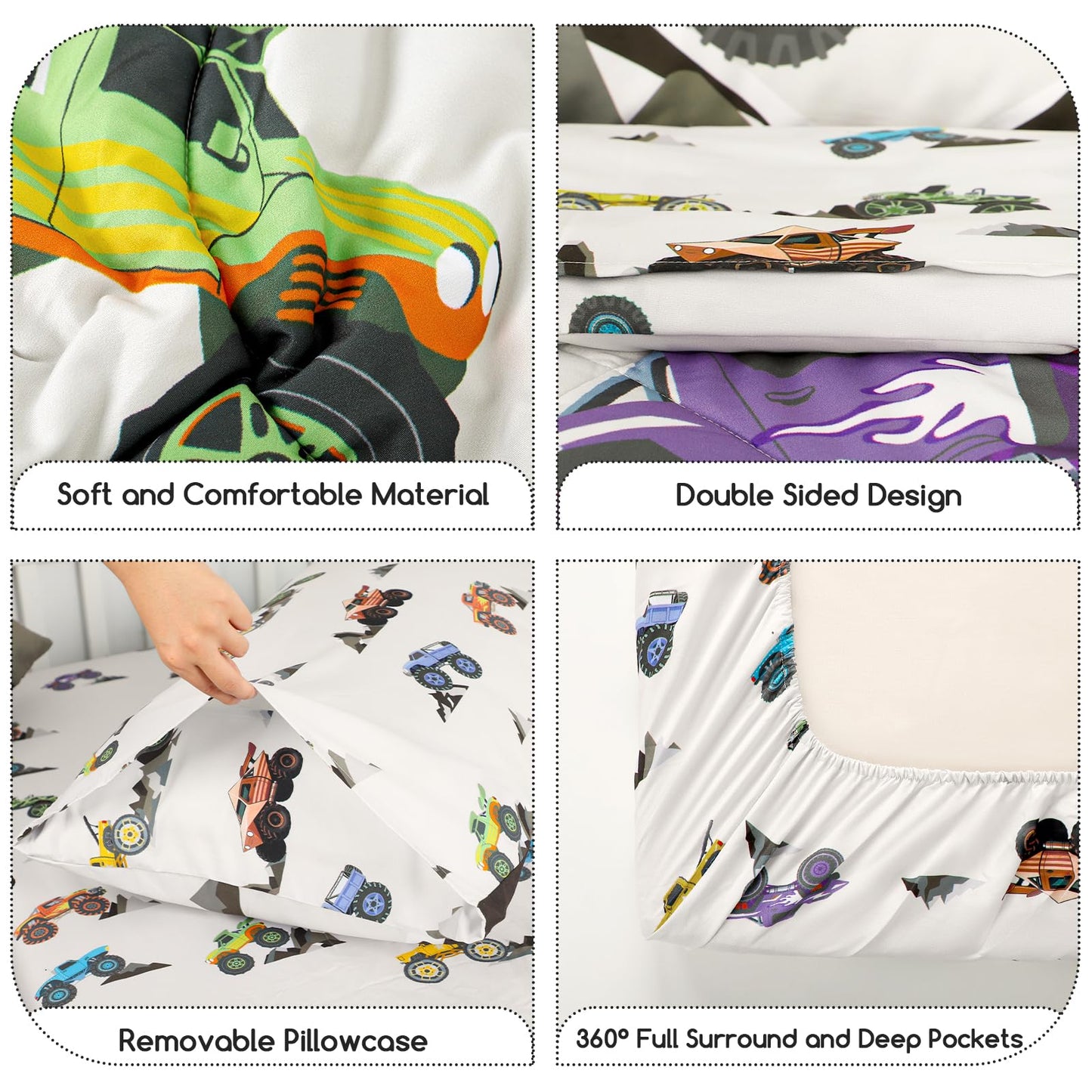 DAYEEBALL 4 Piece Toddler Bedding Set, Ultra Soft and Breathable Cartoon Car Toddler Comforter Sets for Boys Includes Quilted Comforter, Fitted Sheet, Flat Sheet and Pillowcase