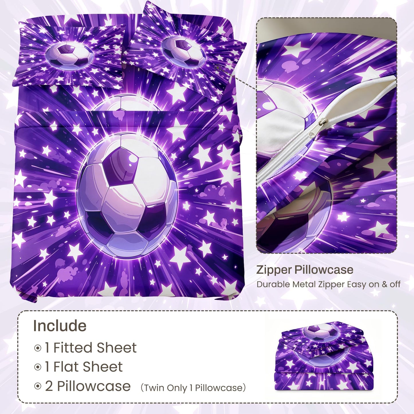 Soccer Ball Sheet Set, 4 Pcs Queen Size Boys Stars Bed Sheets, Purple