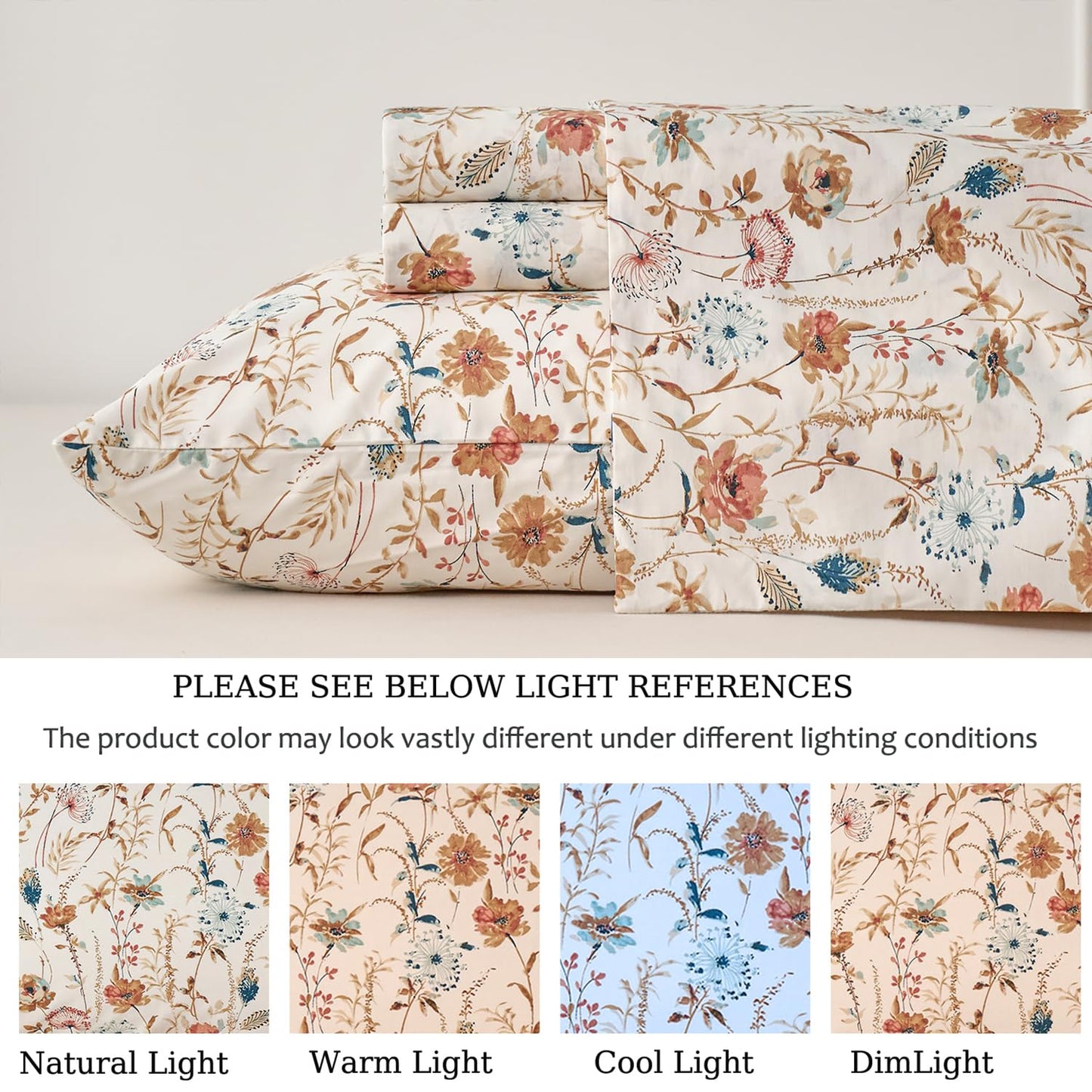Zusbest Queen Sheets Set 100% Percale Cotton - Boho Floral Botanical Printed Bedding with Deep Pocket 17.5'', Vintage Burnt Orange & Teal Design, 4-Piece Soft Breathable Sheets