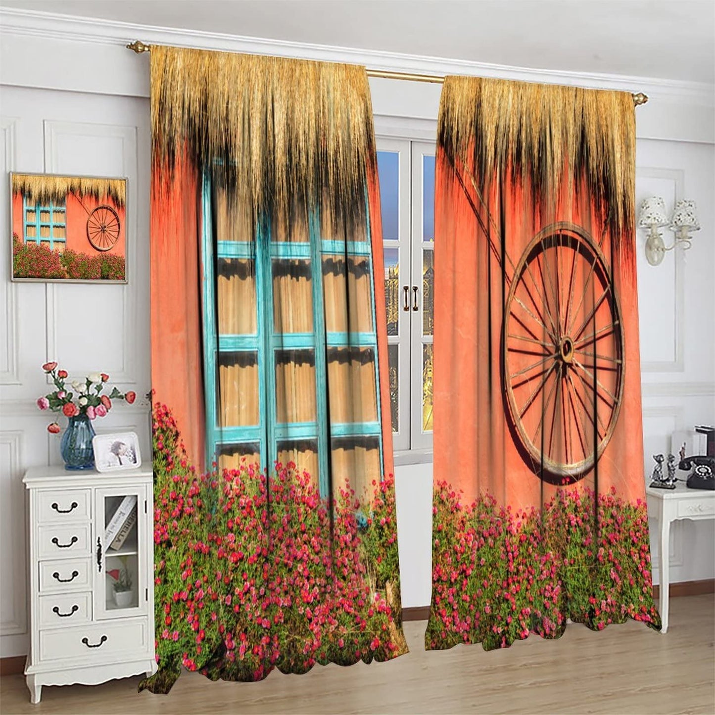 Wooden Door Curtains,Flowers and Wagon Wheel Theme Room Darkening Door Window Rod Pocket Curtain for Living Room Bedroom Kitchen Bathroom W42xL45in