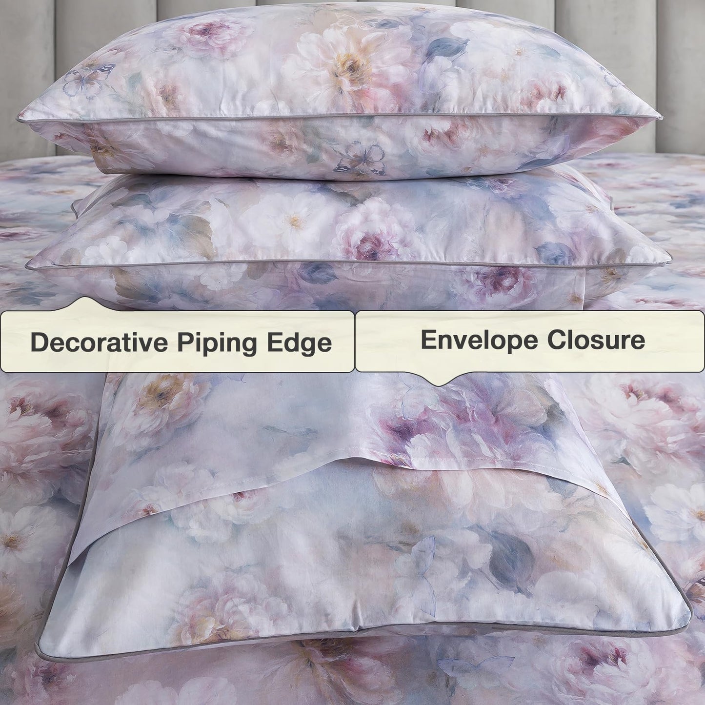 Puralens Purple Floral Percale Sheets Queen, 100% Cotton Soft Crisp Vintage Flower Bed Sheets, Butterfly Patterned Deep Pocket Aesthetic Farmhouse Sheet Set, Luxury Garden Toile Bedding, 4Pcs