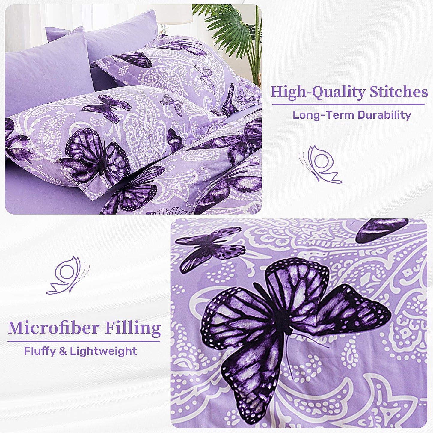 ARTALL Bed in A Bag Twin Size 5 Pieces, Purple Paisley Butterfly Bedding Comforter Set All Season Bed Set with 1 Comforter, 1 Pillow Sham, 1 Flat Sheet, 1 Fitted Sheet, 1 Pillowcase