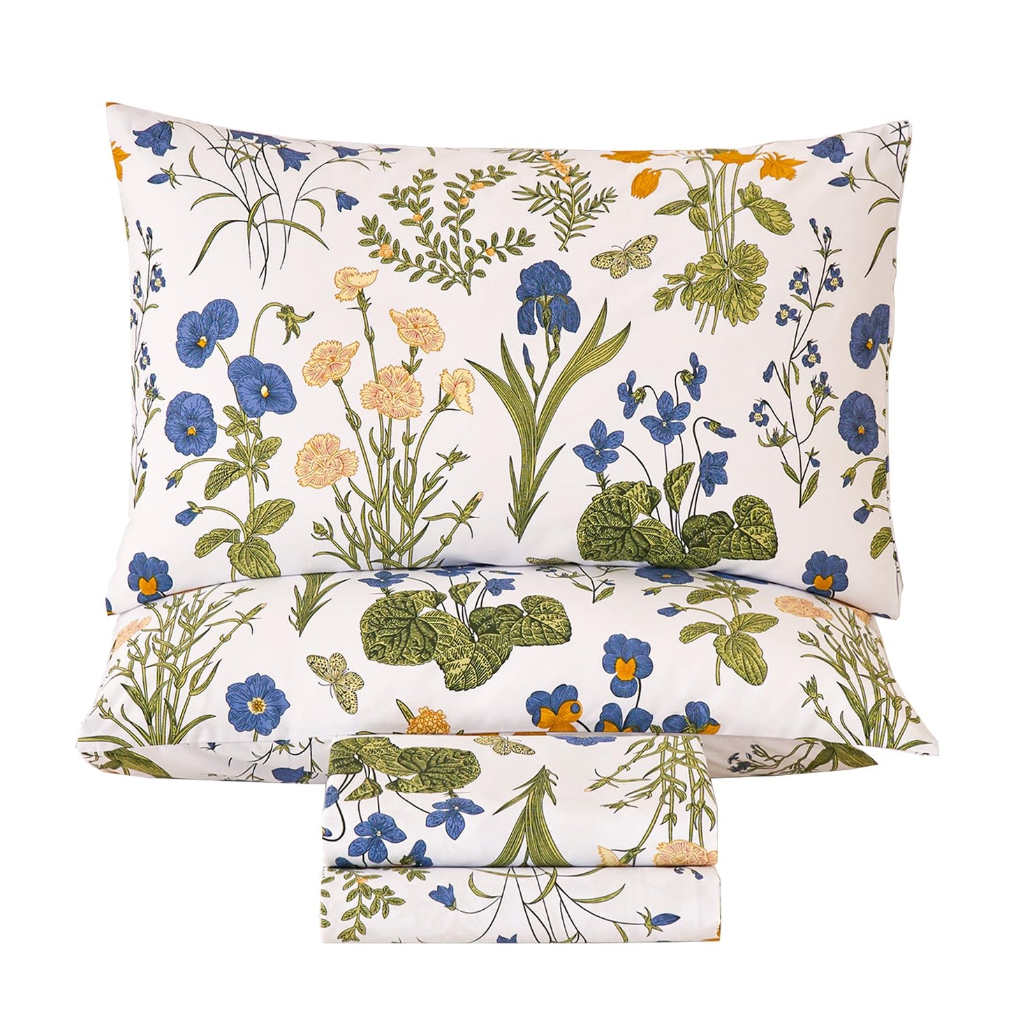 Huborise Green Floral Bed Sheets Set King Size 100% Percale Cotton Yellow & Blue Flower Printed Sheets, Soft & Breathable, Leaf Pattern Botanical Bedding Luxury Deep Pocket Fitted Sheet 17.5" 4 Pcs