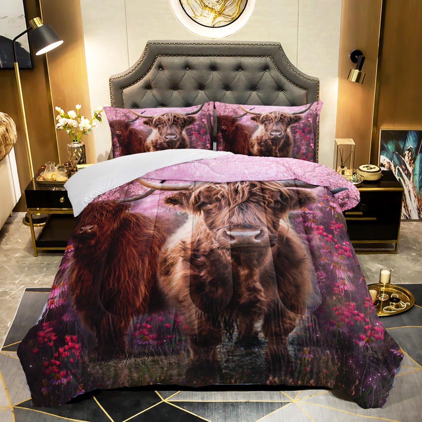Cow Print Comforter Set 3Pcs Twin Size Cherry Blossom Cattle‌ Bedding Set