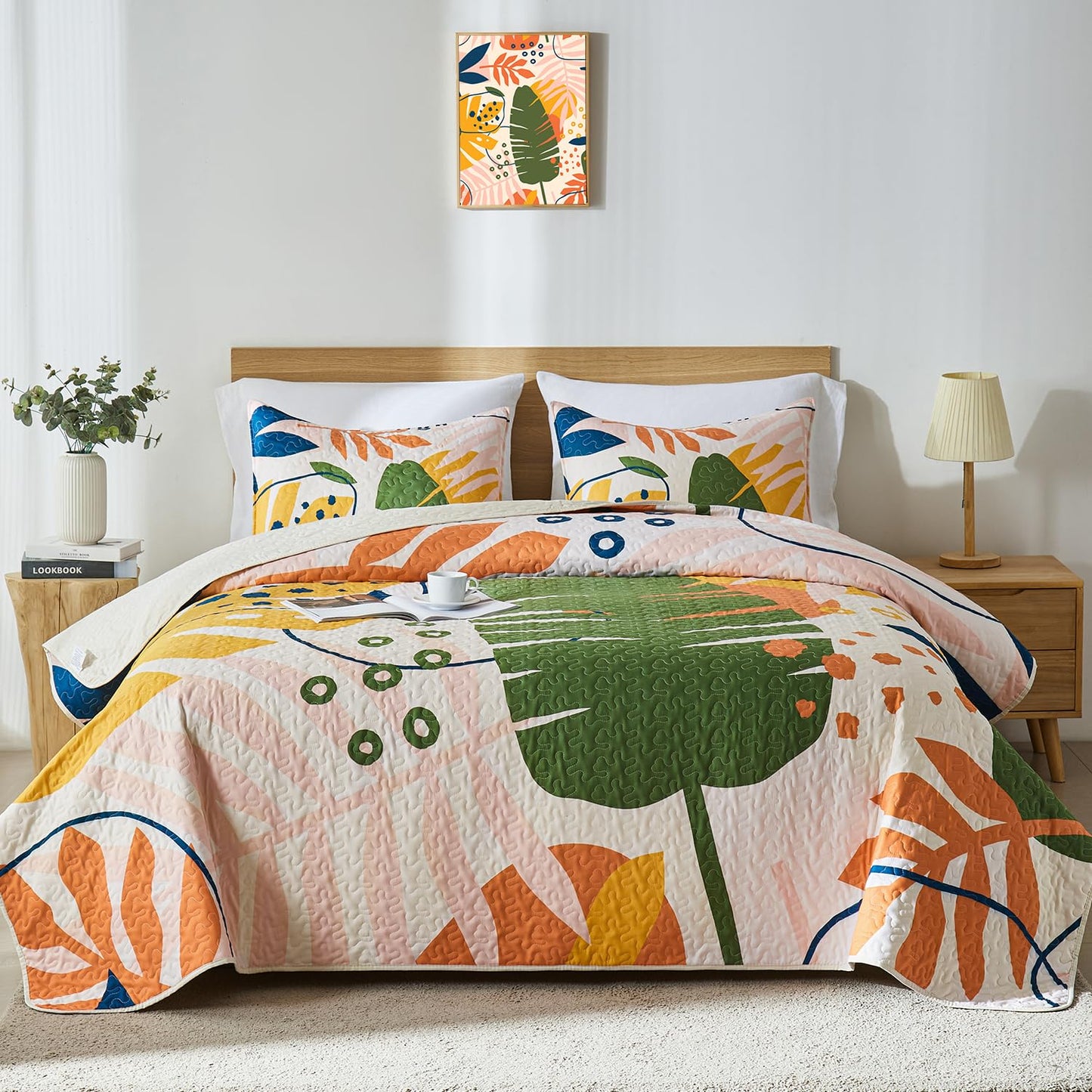 Yogeneg Queen Quilt Bedding Set,Green Yellow Botanical Pattern White Full/Queen Quilt Set,3 Piece Lightweight Soft Summer Bedspread Coverlet with 2 PIillow Shams,All Season(White,90"x96")