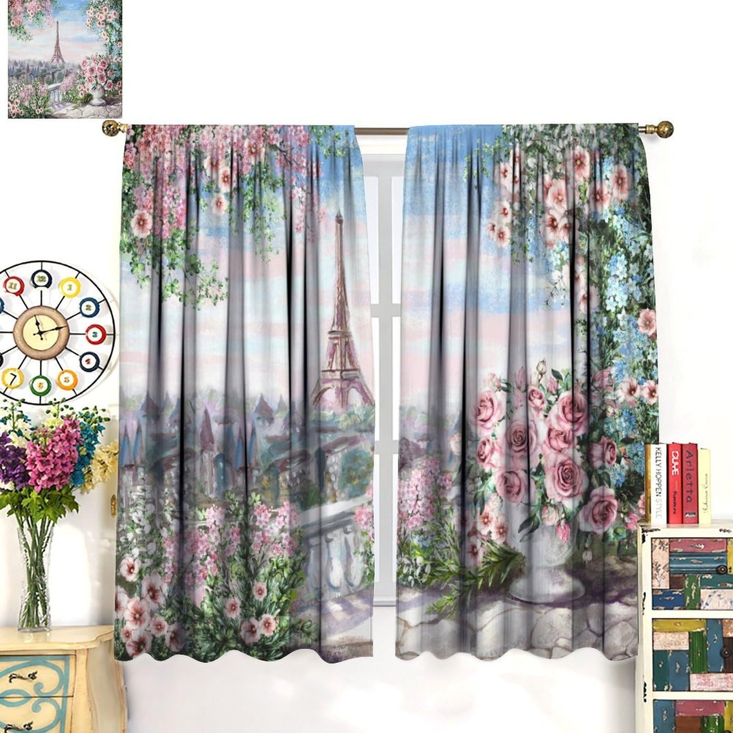 Flower Eiffel Tower Curtains Cherry Blossoms Pink Rose Romantic Paris Cityscape Fashion Building Rod Pocket Window Treatments for Girl Women Aldult Bedroom Living Restaurant Drapes 41" W X 45" L