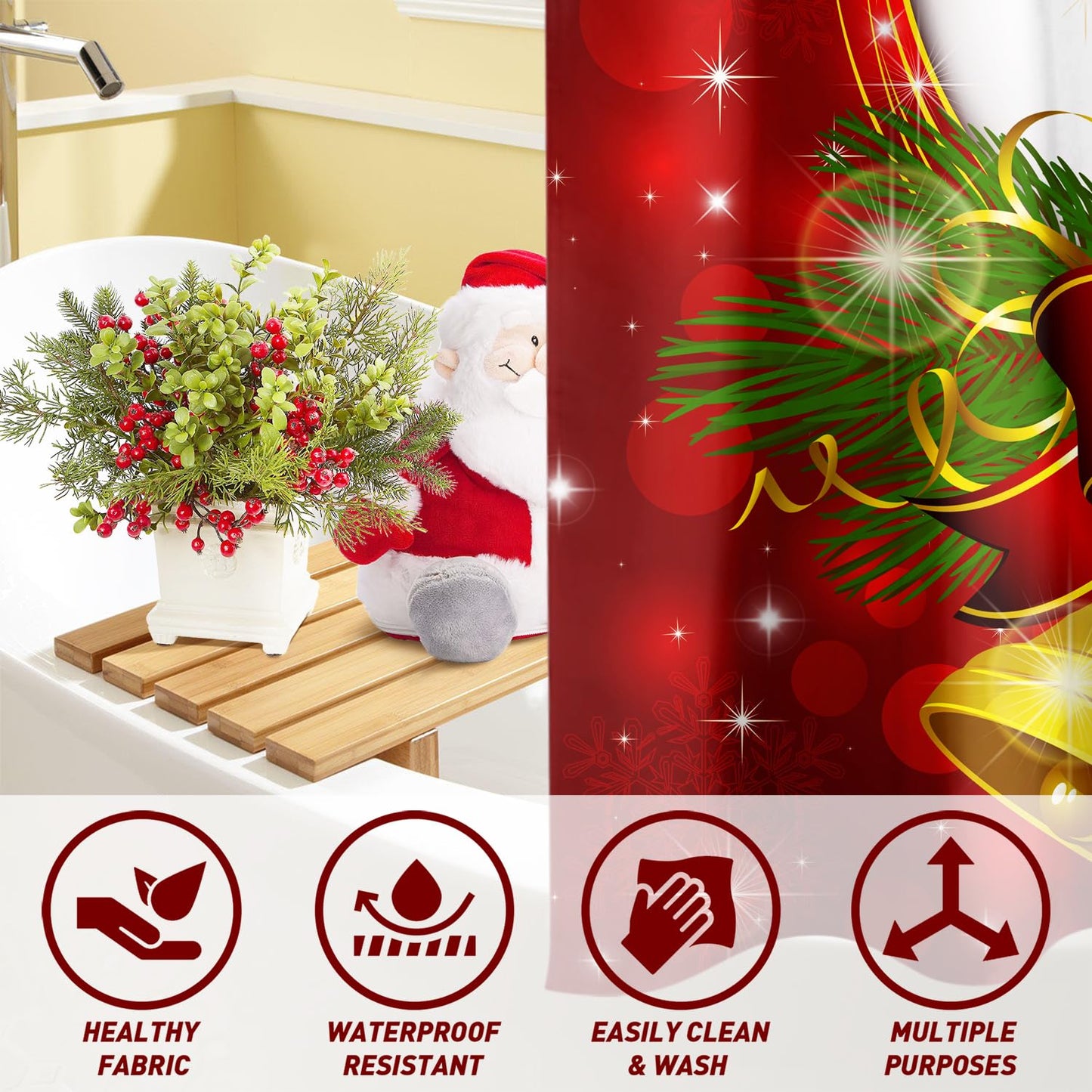 Roszwtit Merry Christmas Shower Curtain 72x72 Inch, Christmas Shower Curtains for Bathroom, Winter Xmas Holiday Home Decor Waterproof Fabric with Hooks