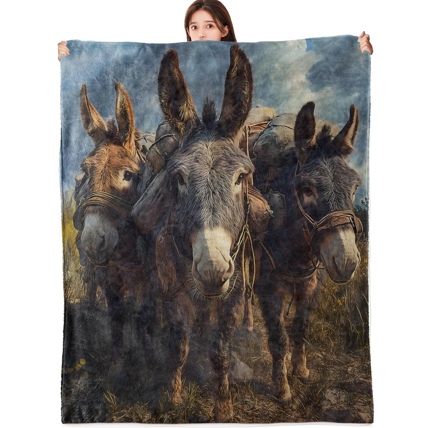 vnlvnl Donkey with Travel Pack Blanket Lightweight Flannel Blankets Gifts for Adults Realistic Countryside Printed Throw for Couch Chair Office Bedroom Fall Thanksgiving Decor, 60x50inch