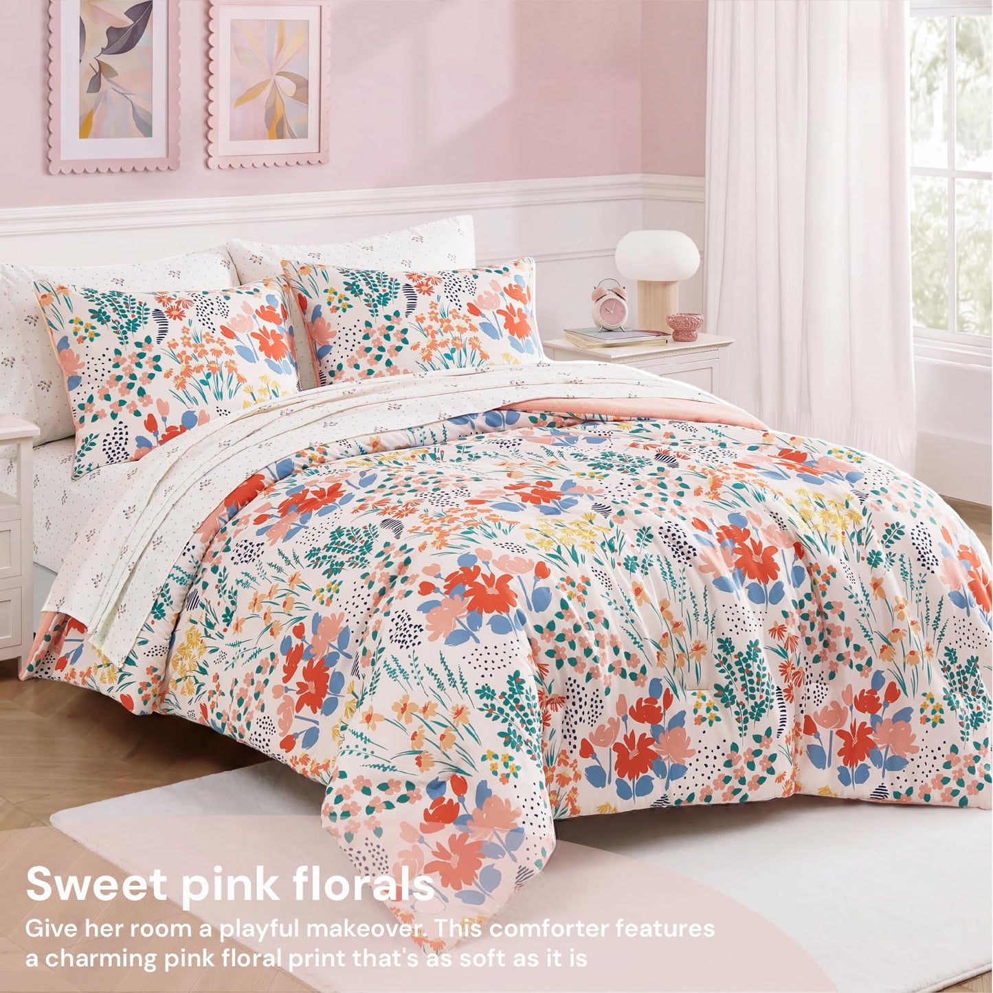 BLOOMHAVEN Twin XL Comforter Set for Girls, 5 Pieces Pink Botanical Floral Bedding Set, All Seasons Kids Dorm Bed in a Bag with Sheets, Pillowcase & Sham