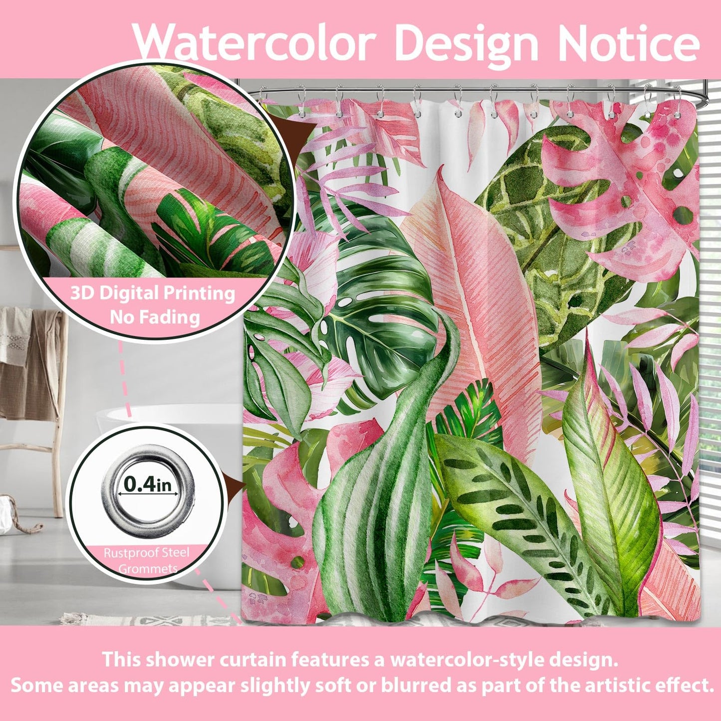 Pdvbiee Pink and Green Tropical Palm Leaf Shower Curtain, 70 X 72 Inch
