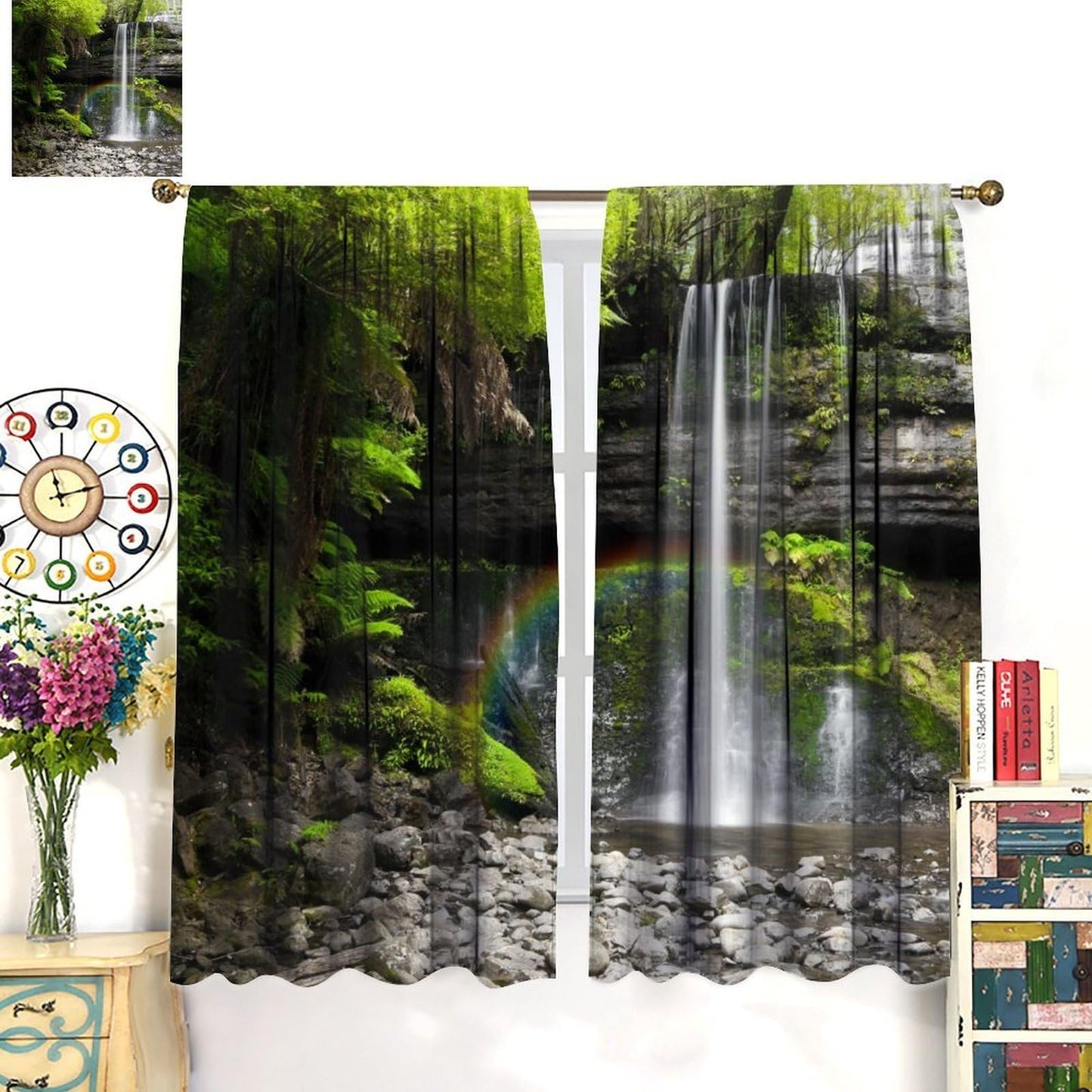 Natural Landscape Waterfall Blackout Curtains, Forest Falls Spring Natural Scenery Green Plant Tree Leaf Rod Pocket Window Drapes, for Bedroom Living Room 42" W X 45" L