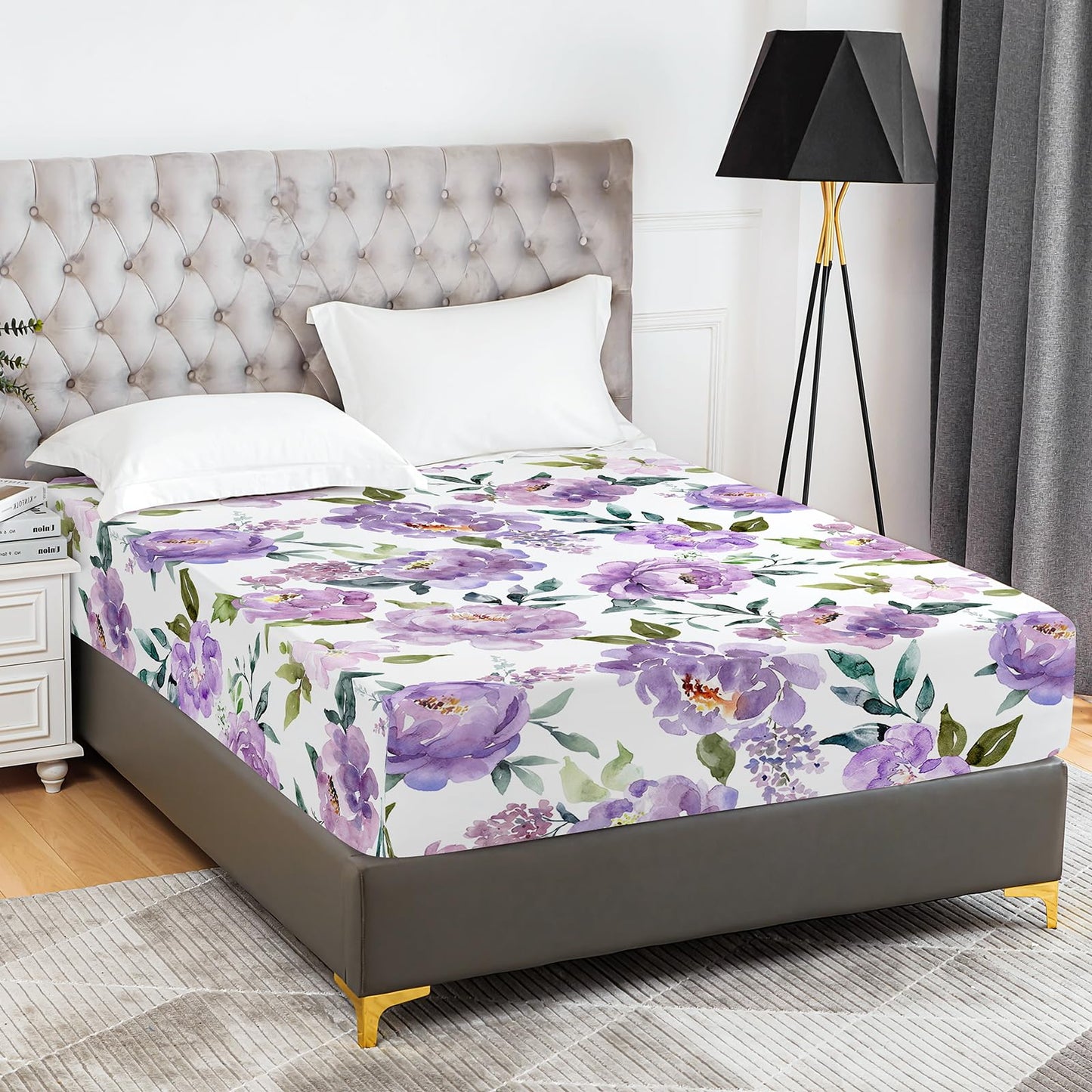 YIYEA Floral Fitted Sheet Only, Premium Double Brushed Microfiber Deep Pocket Fitted Sheet Queen Size, Ultra Soft Fitted Bottom Sheet, Shrinkage, Fade Resistant, Queen