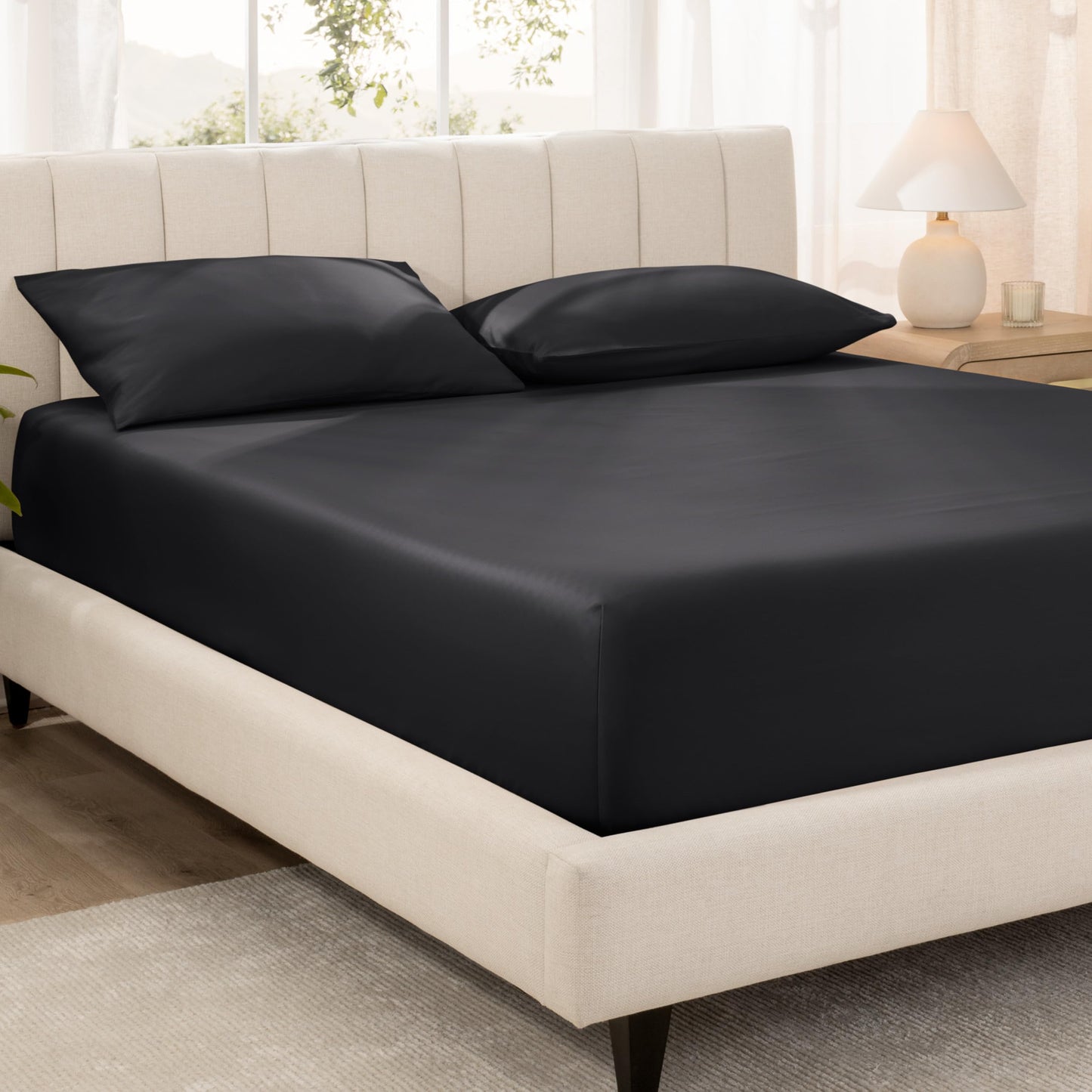 Bare Home 100% Organic Cotton Sateen Fitted Sheet - 400 Thread Count - Smooth Sateen Weave - Breathable & Cooling - Hotel Luxury - Durable Fitted Sheet - Deep Pocket (King, Black)