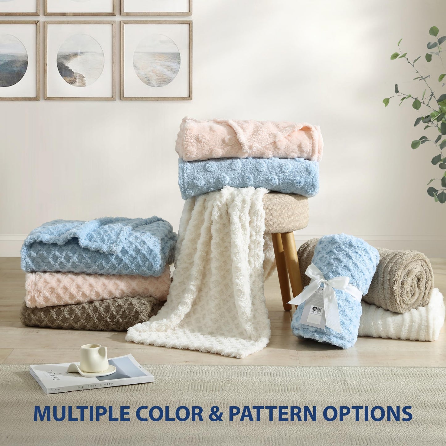 Cozy Ultra Soft Patterned Jacquard Plush 50" x 70" Throw Blanket, Fuzzy Blanket for Bedroom Living Room Sofa Couch, Lightweight & Warm for All Seasons, Machine Washable, Wave, Coconut Milk