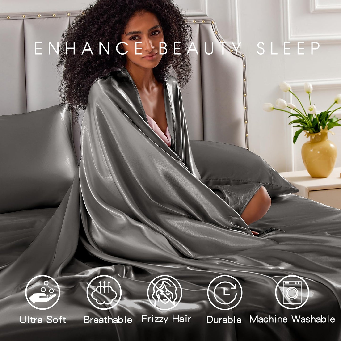 FreshCulture Satin Sheets Full Size - 4 Piece Luxury Soft Silky Full Size Bed Sheets, Similar to Silk Bed Sheet Set with 1 Deep Pocket Fitted Sheet, 1 Flat Sheet & 2 Pillowcases (Gunmetal)