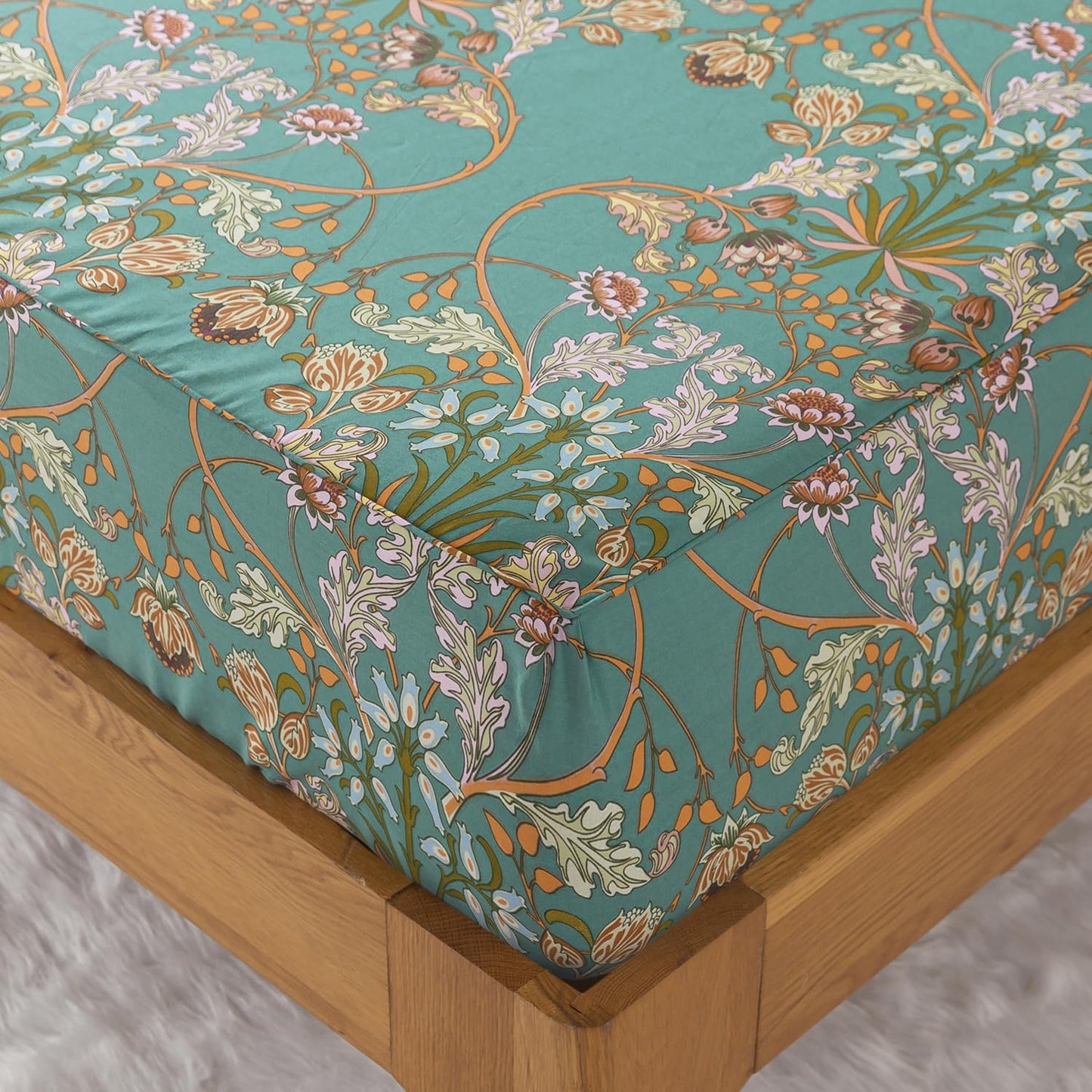 Zusbest Teal Floral Sheets Boho Queen Bed Sheets Set 100% Cotton Percale Shabby Vintage Blue Orange American Style Bedding Luxury Soft Breathable Crisp Bed Deep Pocket Fitted Sheet 4 Piece