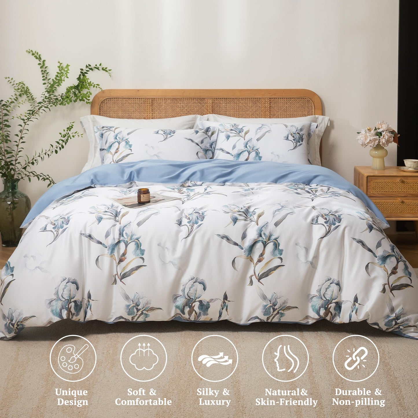 MILDLY Queen Duvet Cover Set - 100% Long-Staple Cotton White Blue Floral Patten Reversible Comforter Cover - 3Pcs Soft Breathable Luxury Bedding for All Season